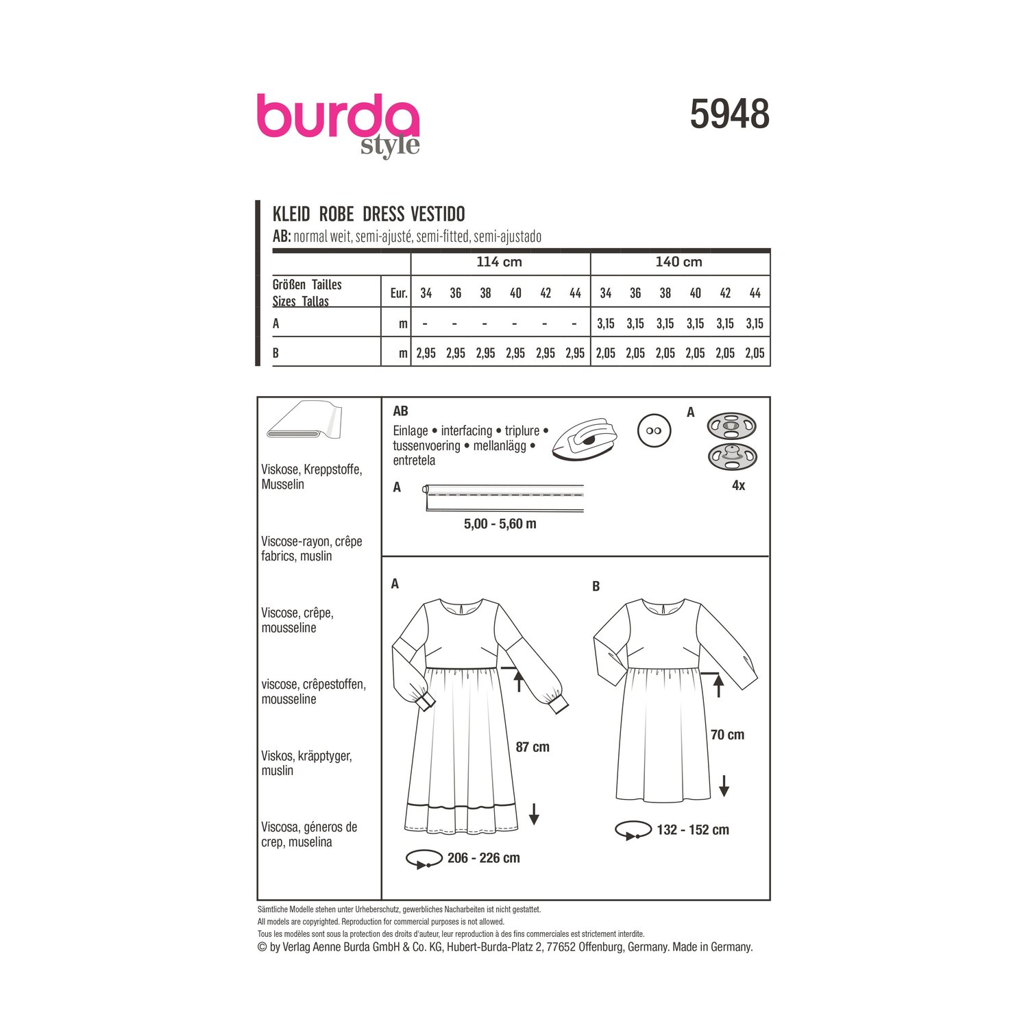 burda style Schnittmuster 5948: Kleid mit hoher Taille, Rückseite der Schnittmustertüte mit Stoffverbrauch