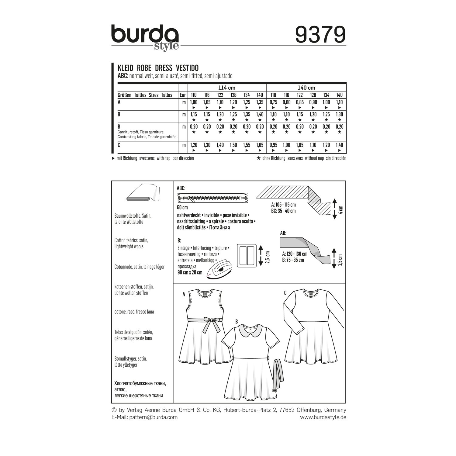 burda style Schnittmuster 9379: Mädchenkleid zum Selbernähen, Rückseite der Schnittmustertüte mit Stoffverbrauch