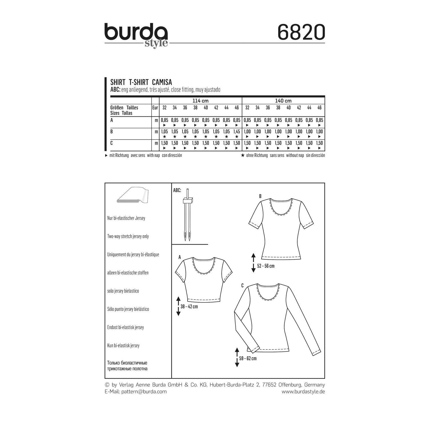 burda style Schnittmuster 6820: Tailliertes Jerseyshirt, Rückseite der Schnittmustertüte mit Stoffverbrauch