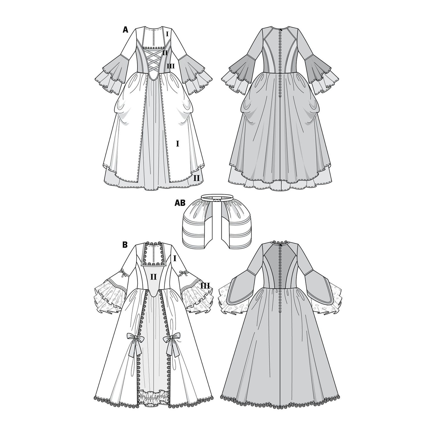 burda style Schnittmuster 2447: Kleid im Rokoko-Stil, Technische Zeichnung
