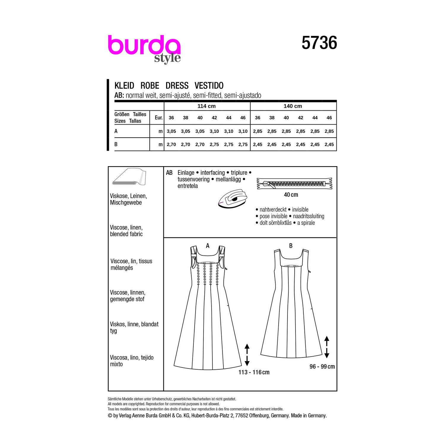 burda style Schnittmuster 5736: Bahnenkleid mit Schleifenträgern, Rückseite der Schnittmustertüte mit Stoffverbrauch