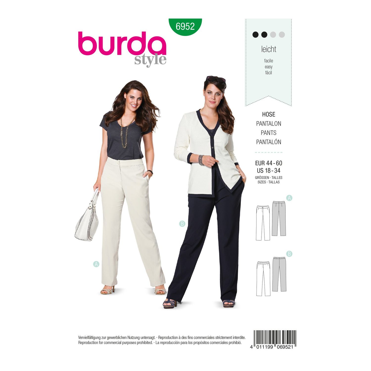 burda style Schnittmuster 6952: Schmale Hose für Curvy-Größen, Vorderseite der Schnittmustertüte
