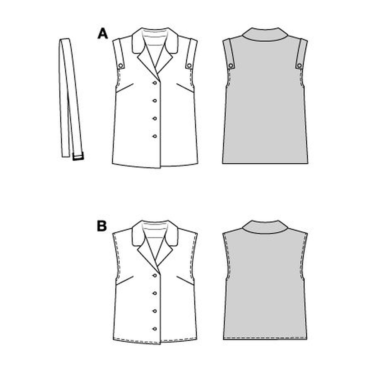 burda style Schnittmuster 5734: Weste und Bluse mit Reverskragen, Technische Zeichnung