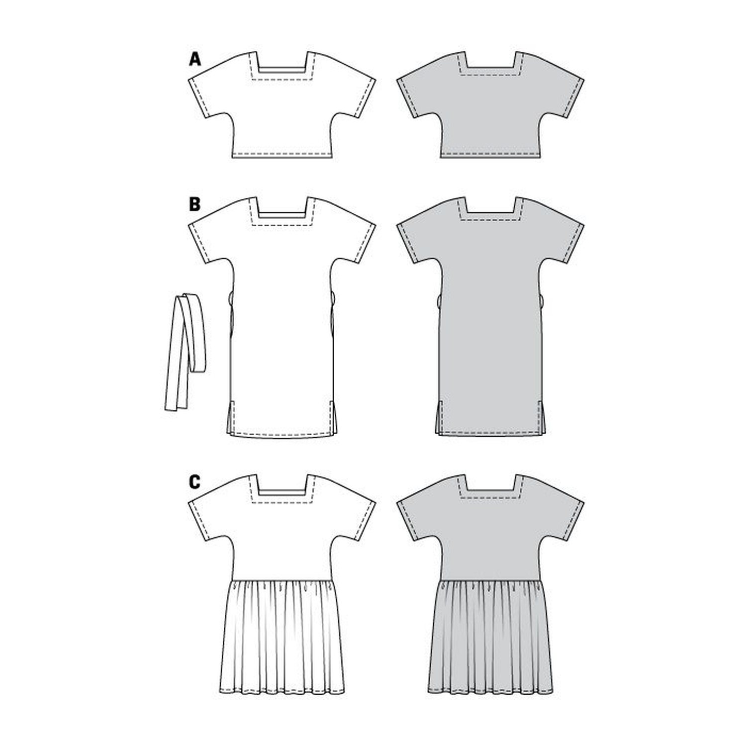 burda style Schnittmuster 6117: Top und Kleid mit Carréeausschnitt, Technische Zeichnung