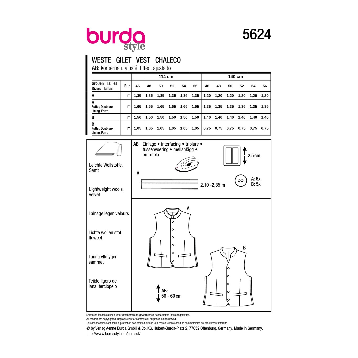 burda style Schnittmuster 5624: Trachtenweste und klassische Weste, Rückseite der Schnittmustertüte mit Stoffverbrauch