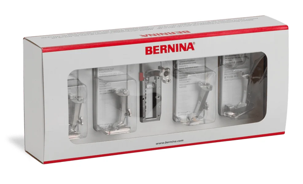 BERNINA Zubehör-Set für 2er- und 3er-Serie bestehend aus: # 1 Rücktransportfuß, # 3 Knopflochfuß, # 3B Knopflochschlittenfuß, # 4 Reißverschlussfuß und # 5 Blindstichfuß