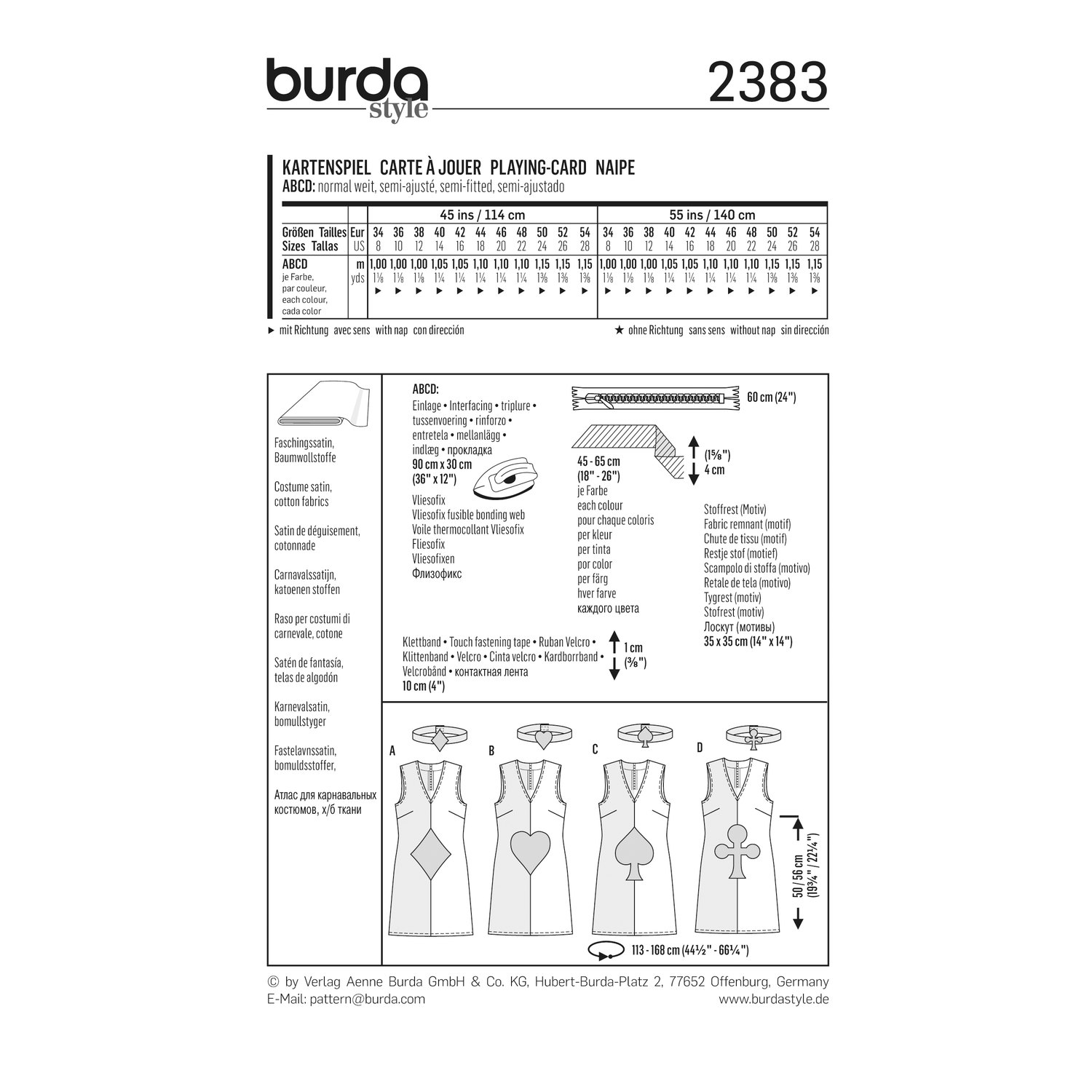 burda style Schnittmuster 2383: Spielkarten-Kleid mit Stirnband, Rückseite der Schnittmustertüte mit Stoffverbrauch