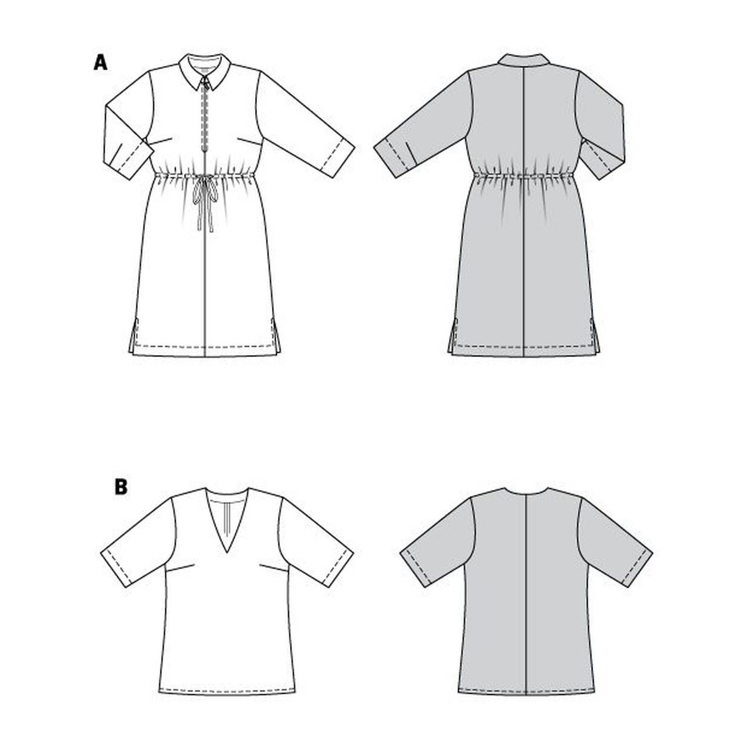 burda style Schnittmuster 6038: Hemdblusenkleid und Bluse, Technische Zeichnung
