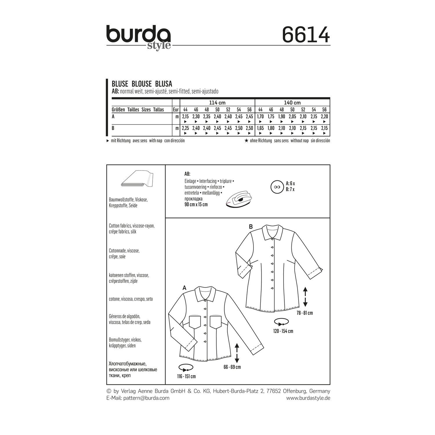burda style Schnittmuster 6614: Bluse mit Auslegekragen, Rückseite der Schnittmustertüte mit Stoffverbrauch