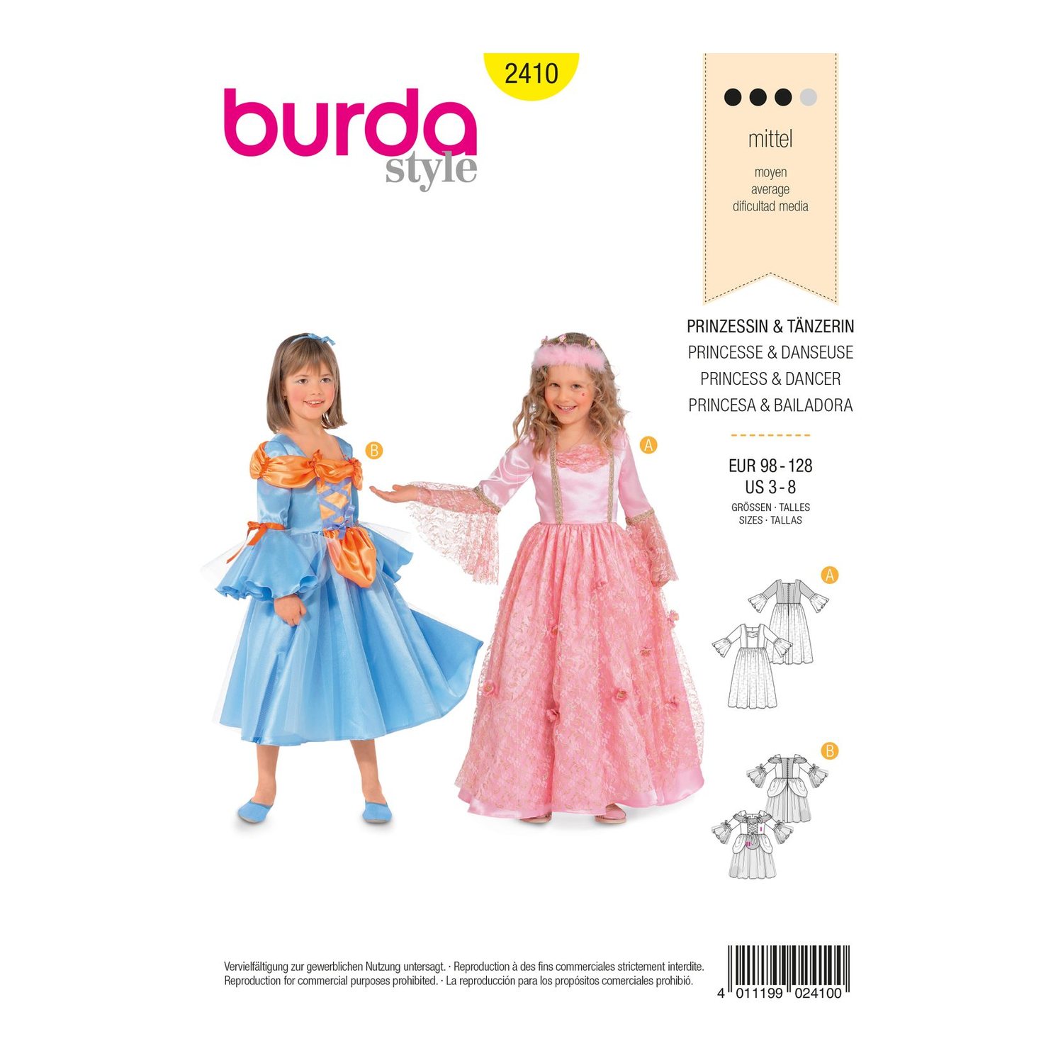 burda style Schnittmuster 2410: Kleider für Prinzessin und Tänzerin, Vorderseite der Schnittmustertüte