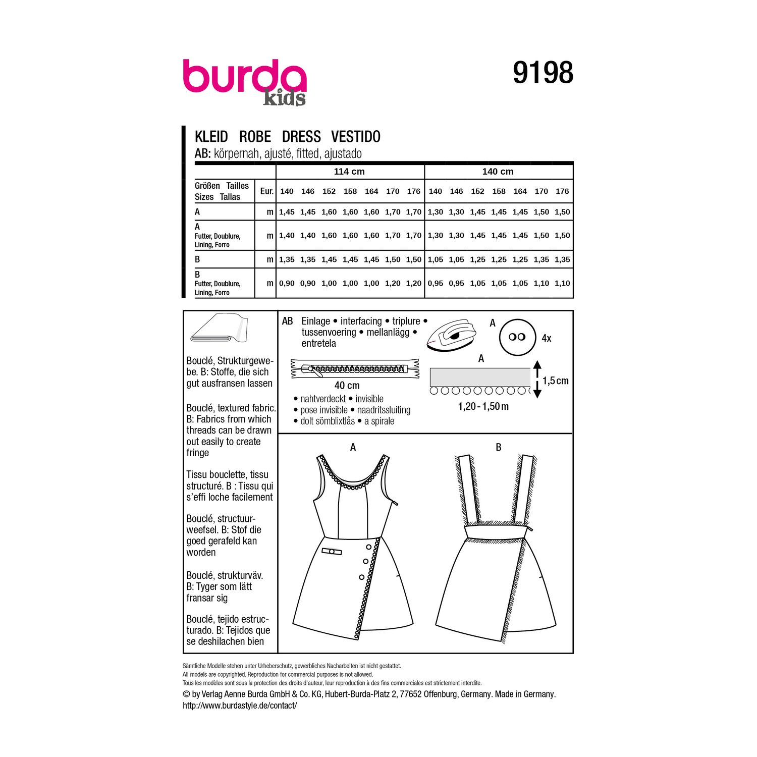 burda style Schnittmuster 9198: Kleid und Rock aus Bouclé, Rückseite der Schnittmustertüte mit Stoffverbrauch