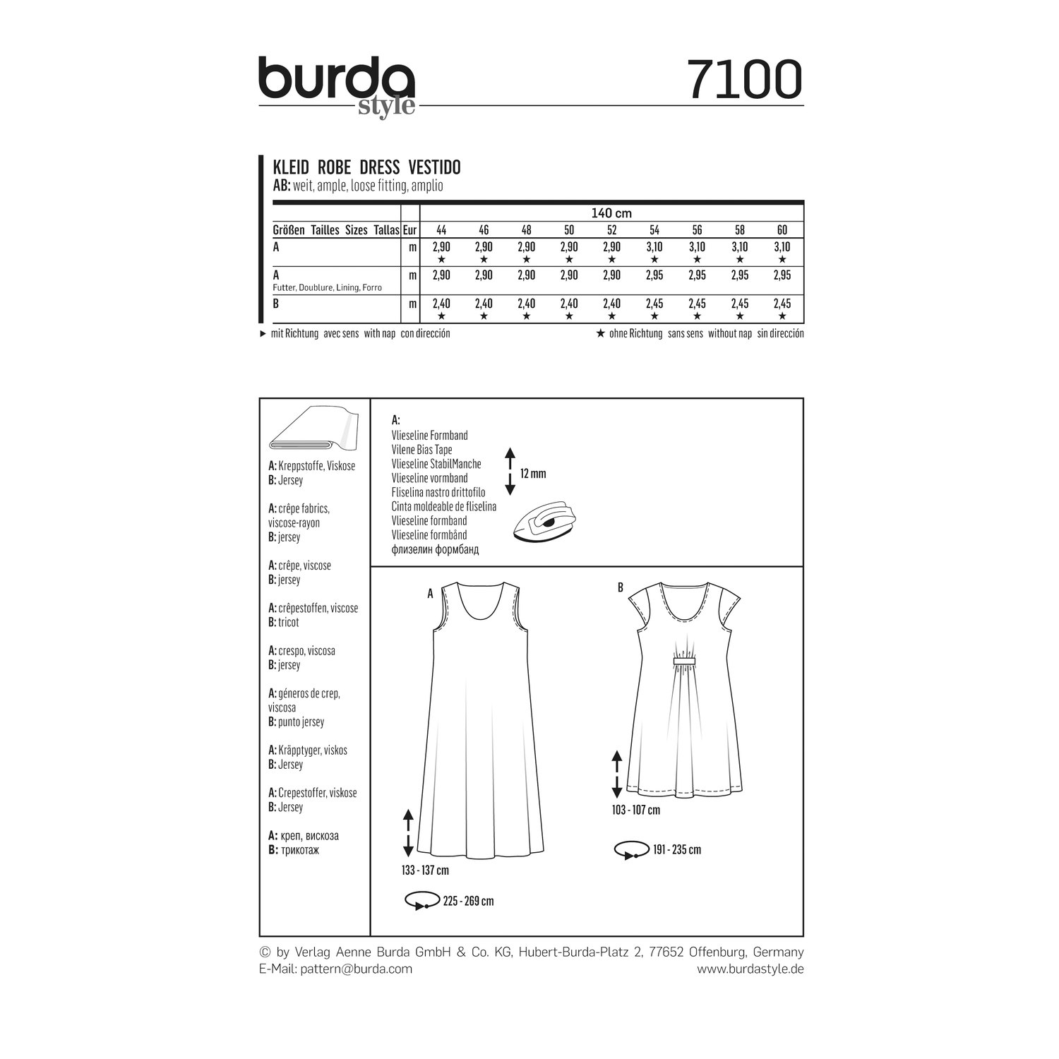 burda style Schnittmuster 7100: Sommerkleid für Curvy-Größen, Rückseite der Schnittmustertüte mit Stoffverbrauch