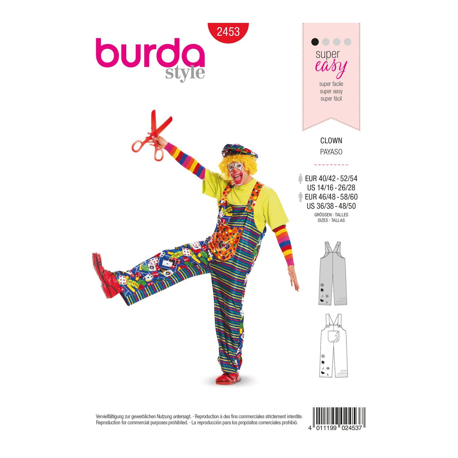burda style Schnittmuster 2453: Clownshose mit Trägern für Erwachsene, Vorderseite der Schnittmustertüte