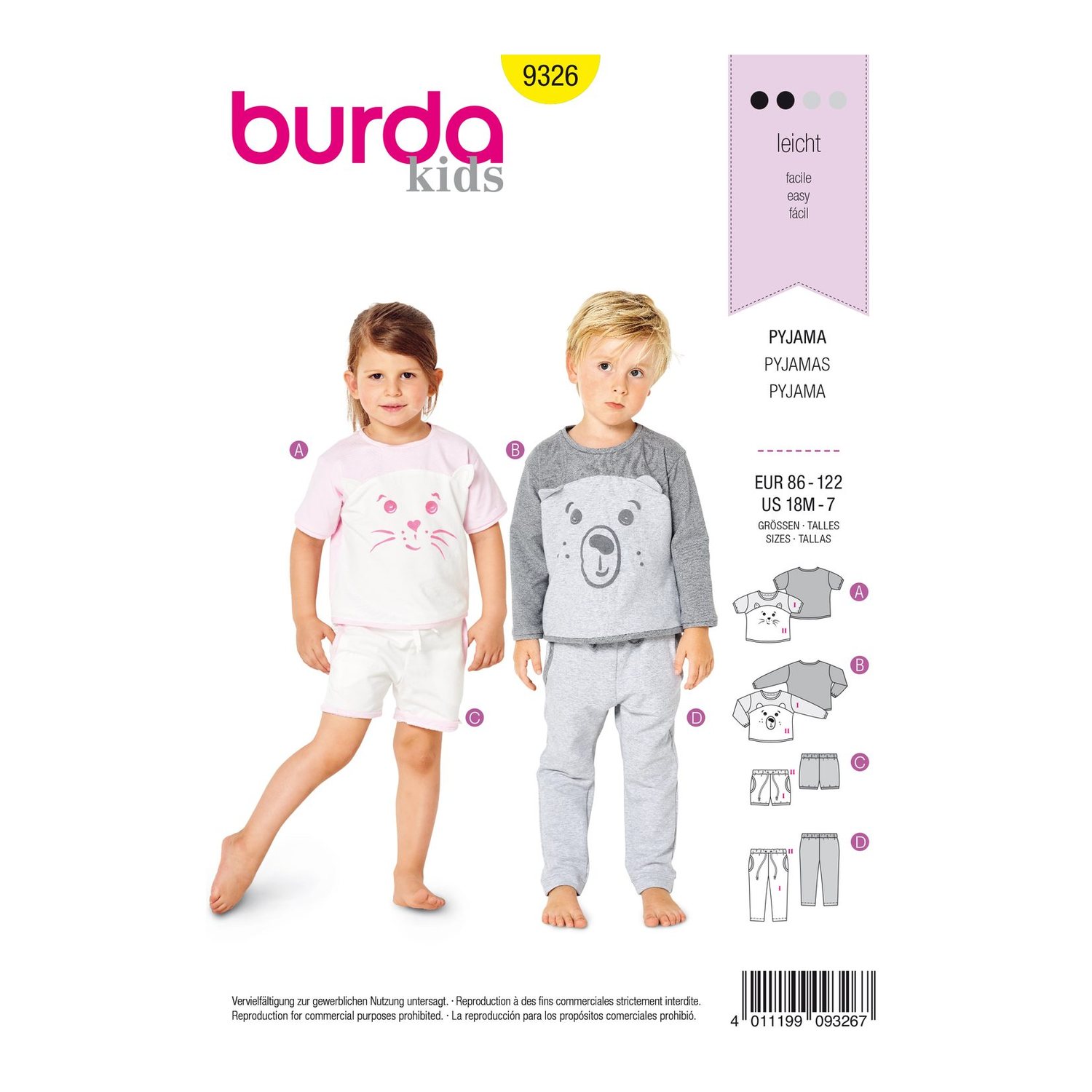 burda style Schnittmuster 9326: Kinderpyjama mit Bärengesicht, Vorderseite der Schnittmustertüte