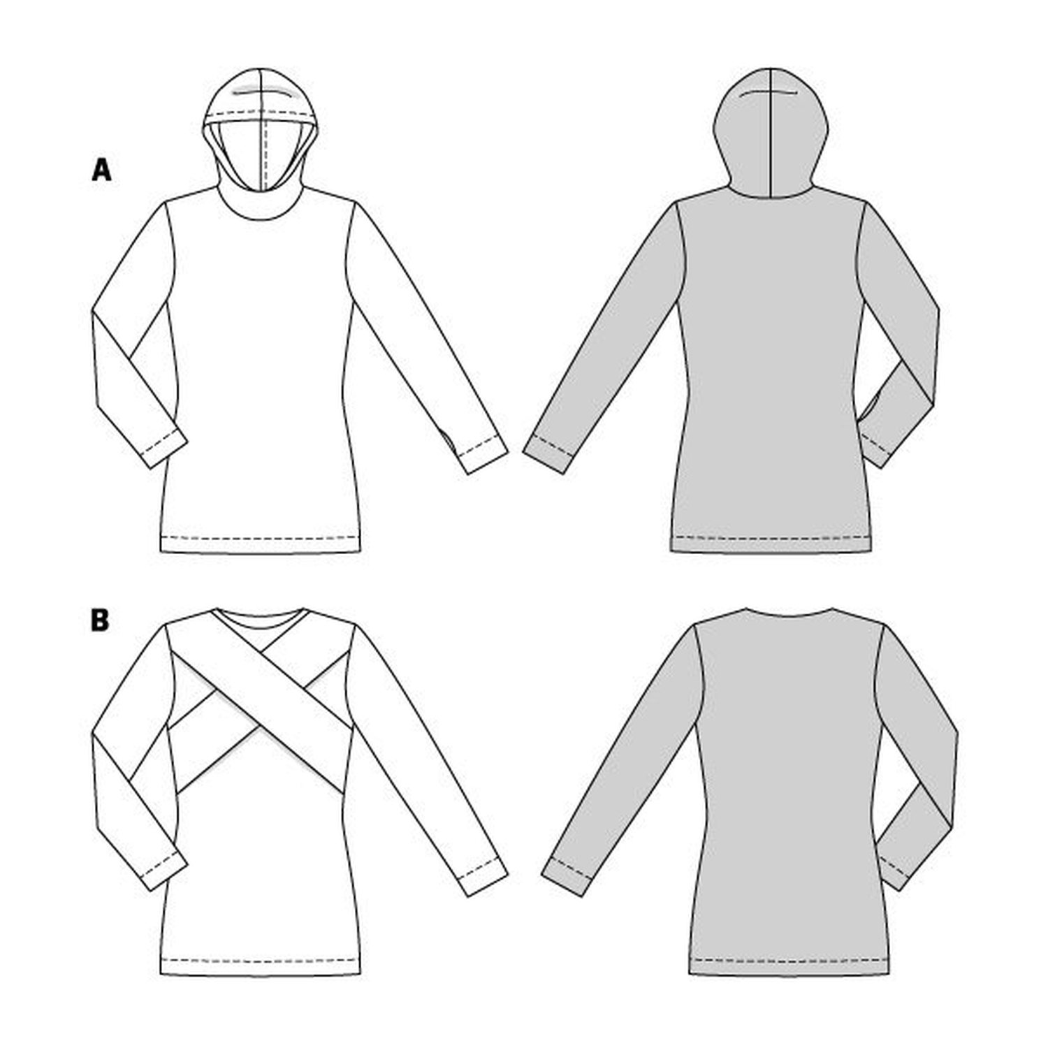 burda style Schnittmuster 5680: Hoodie und Shirt mit Kreuzoptik, Technische Zeichnung