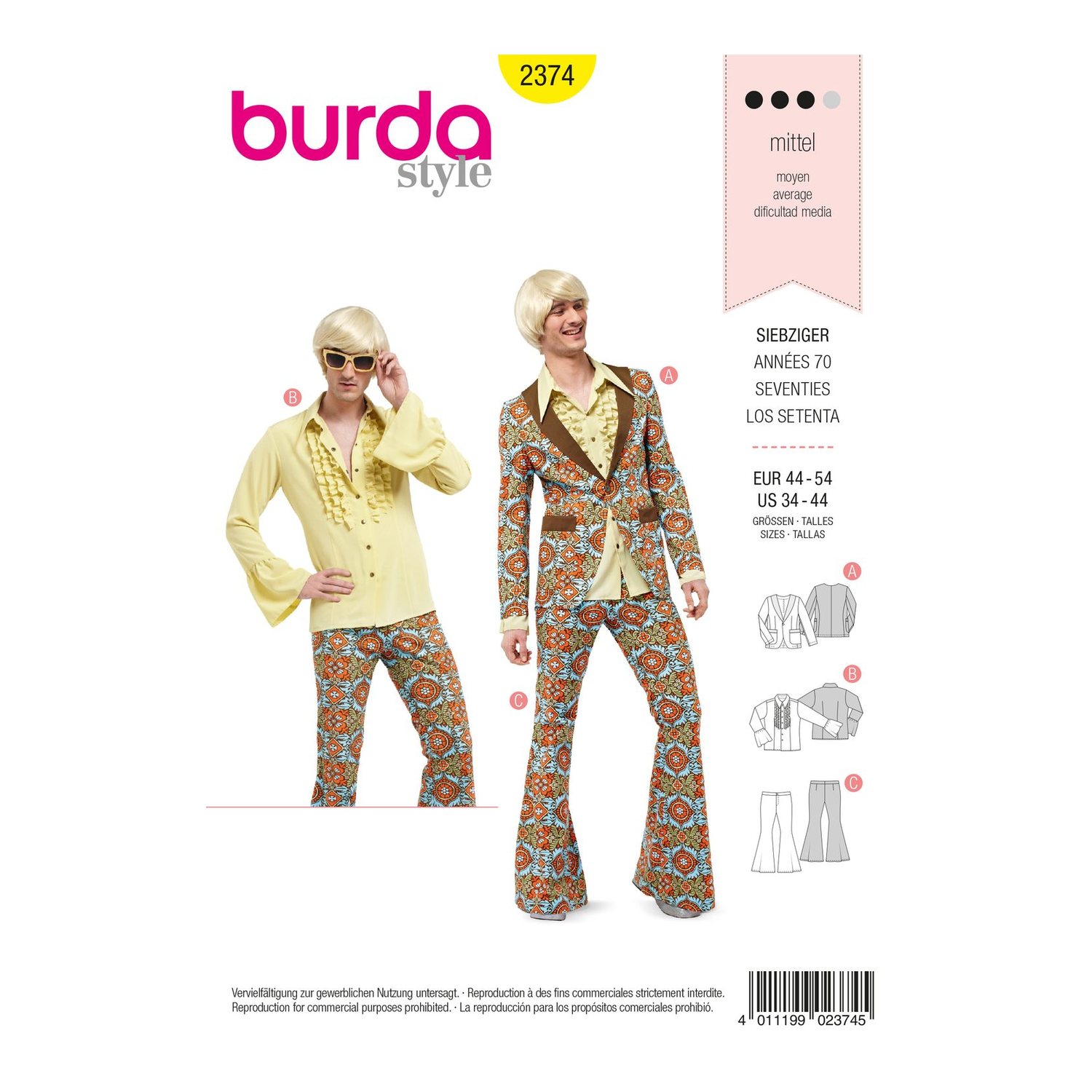 burda style Schnittmuster 2374: Herren-Outfit im Siebzigerstil, Vorderseite der Schnittmustertüte