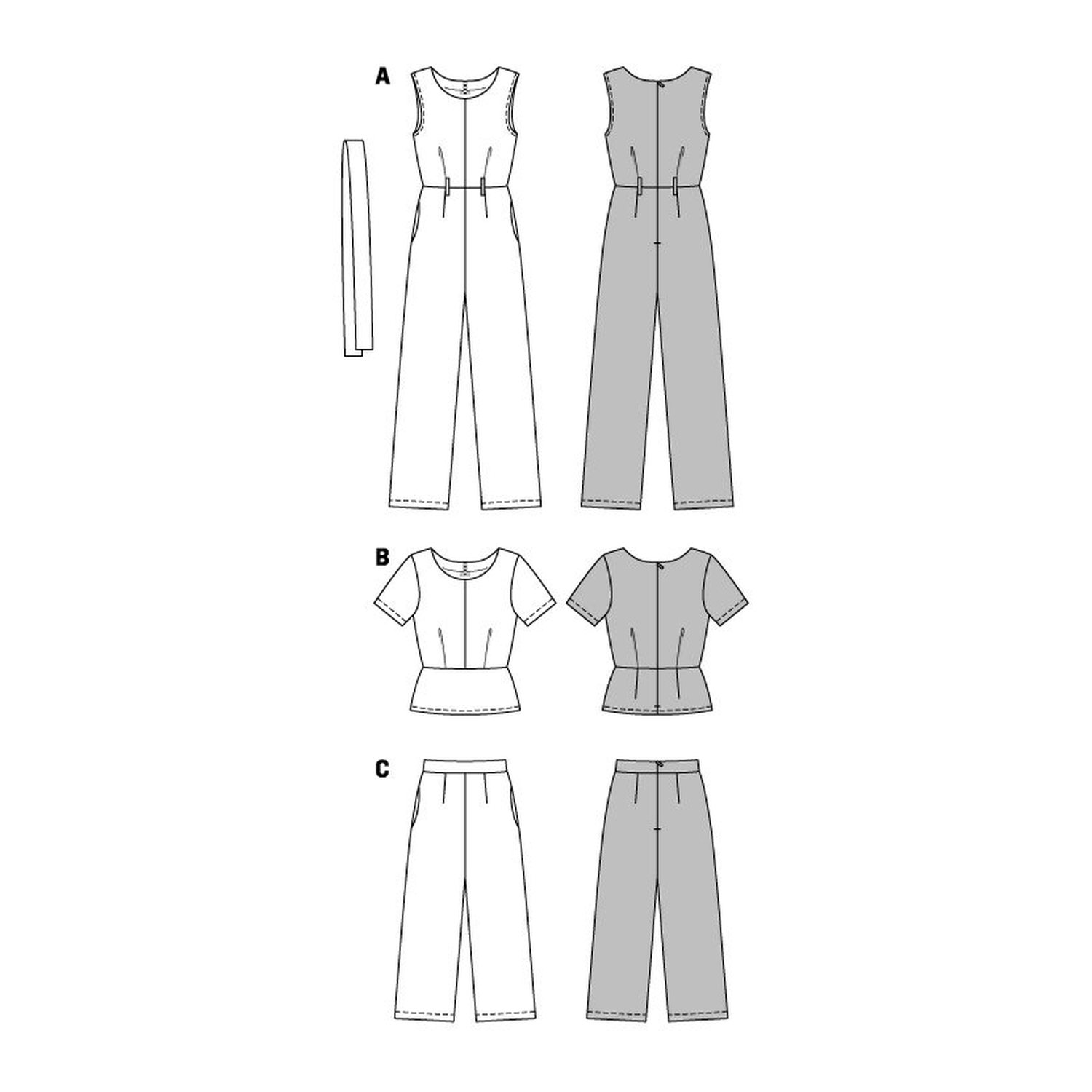 burda style Schnittmuster 6516: Overall, Schößchentop und Hose, Technische Zeichnung