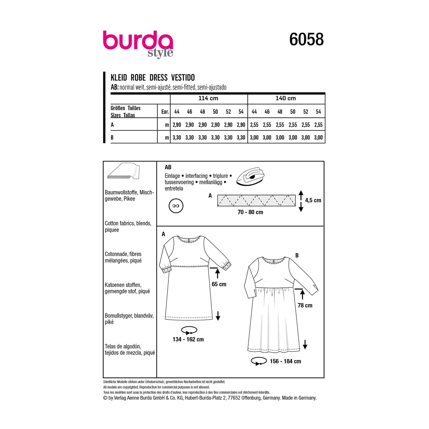 burda style Schnittmuster 6058: Lockeres Kleid mit Dreiviertelärmeln, Rückseite der Schnittmustertüte mit Stoffverbrauch