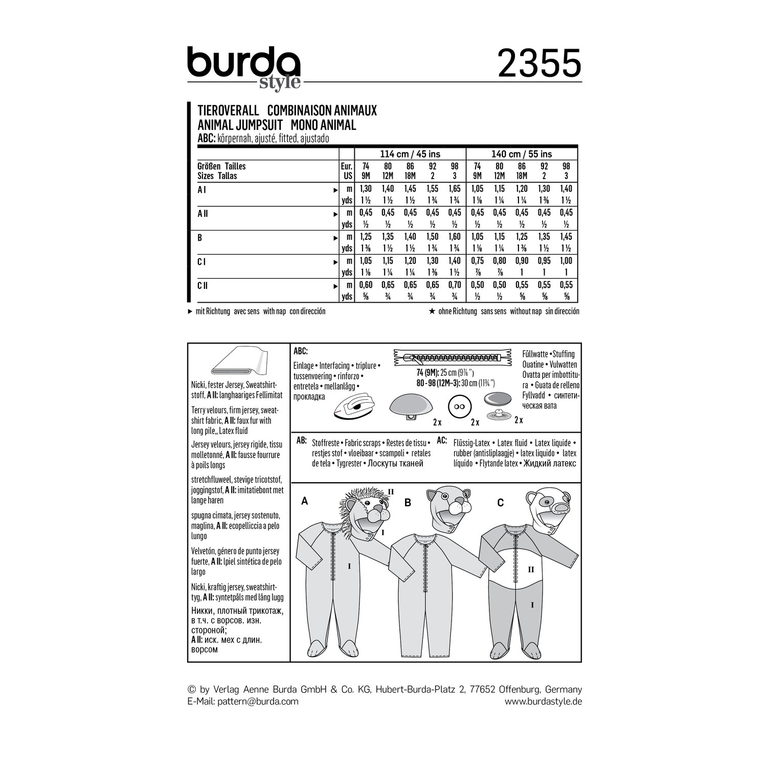 burda style Schnittmuster 2355: Tieroveralls für Babys und Kleinkinder, Rückseite der Schnittmustertüte mit Stoffverbrauch