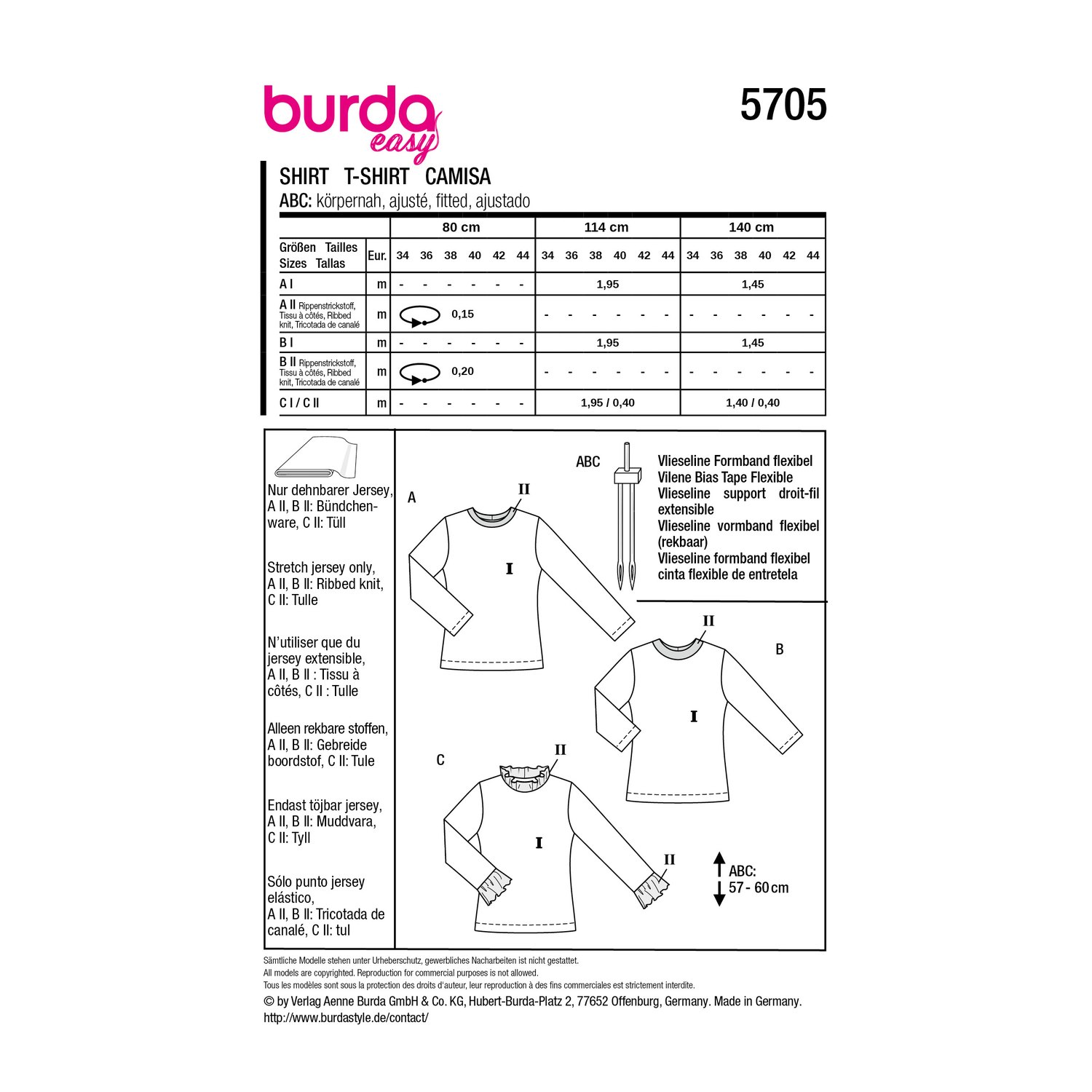 burda style Schnittmuster 5705: Jersey-Shirts mit Kragen und Rüschen, Rückseite der Schnittmustertüte mit Stoffverbrauch