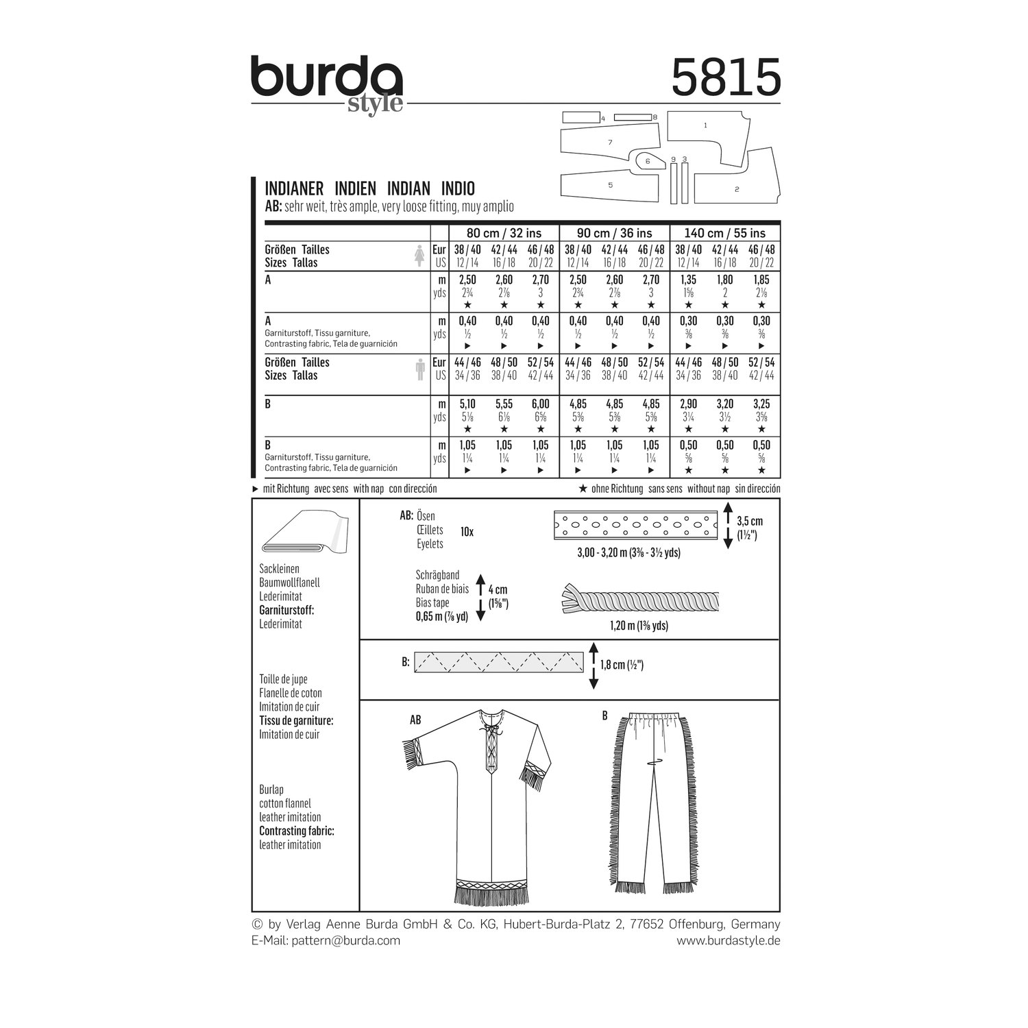 burda style Schnittmuster 5815: Indianer-Kostüme für Erwachsene, Rückseite der Schnittmustertüte mit Stoffverbrauch