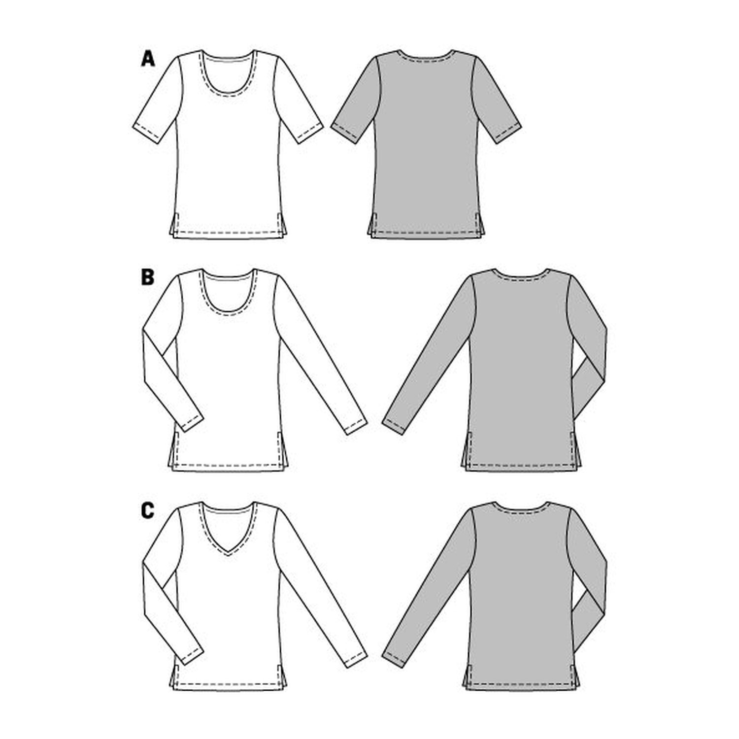 burda style Schnittmuster 6611: Basic-Shirt mit Seitenschlitzen, Technische Zeichnung