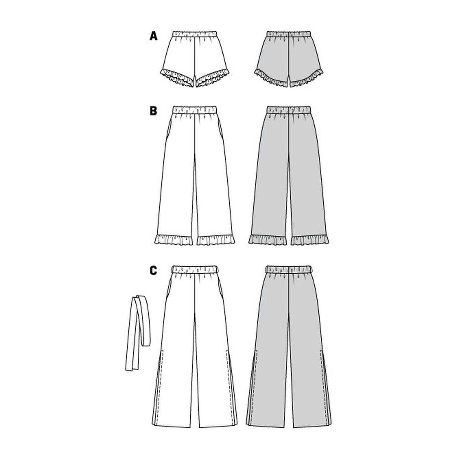 burda style Schnittmuster 6199: Shorts und Hosen mit Gummizug, Technische Zeichnung