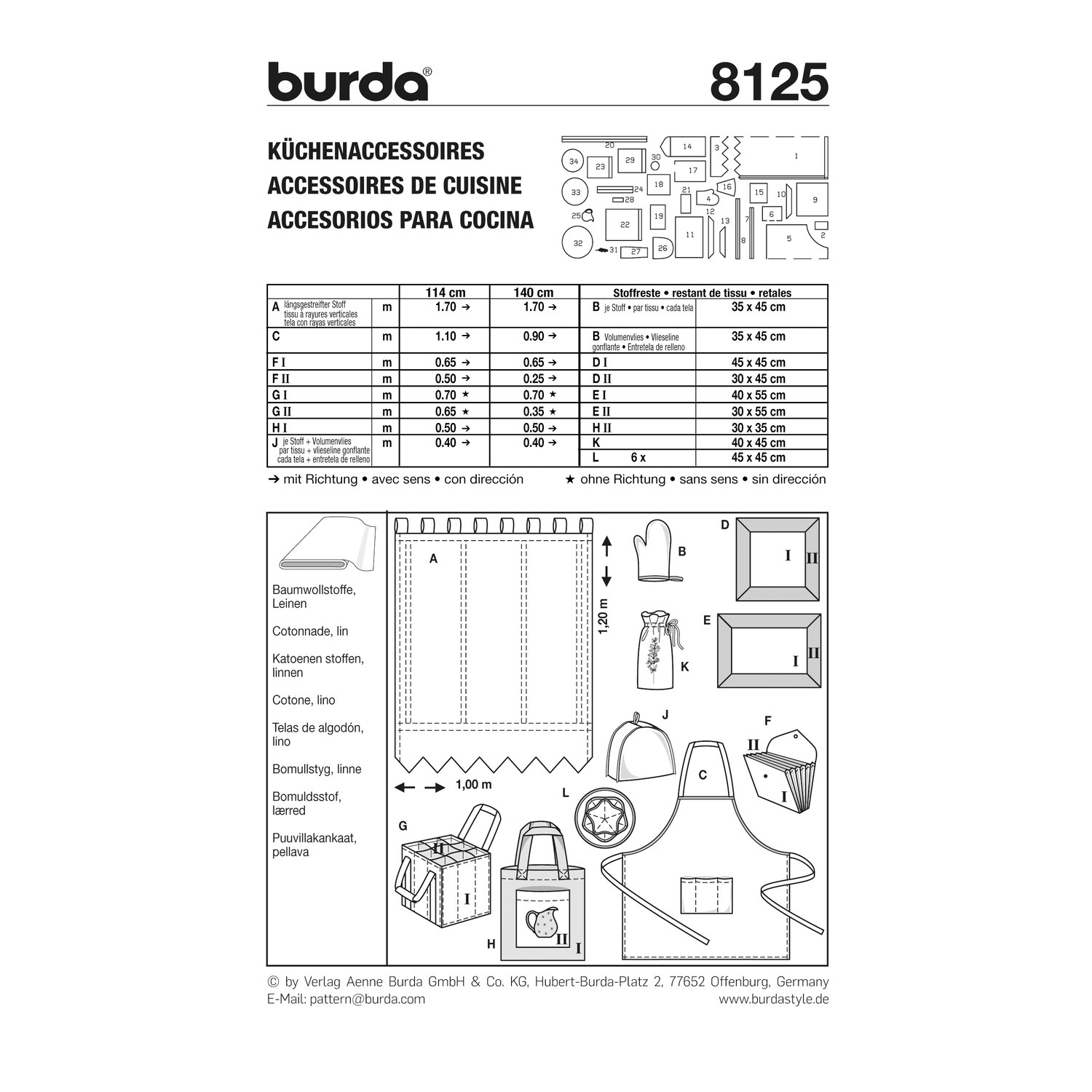 burda style Schnittmuster 8125: Dekoration für die Küche, Rückseite der Schnittmustertüte mit Stoffverbrauch