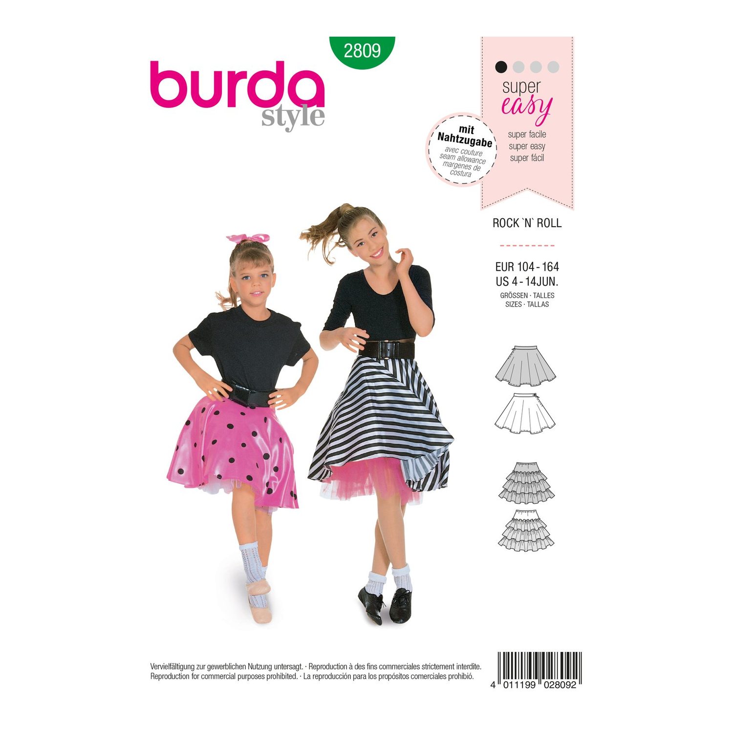 burda style Schnittmuster 2809: Tellerrock mit Petticoat für Kinder, Vorderseite der Schnittmustertüte