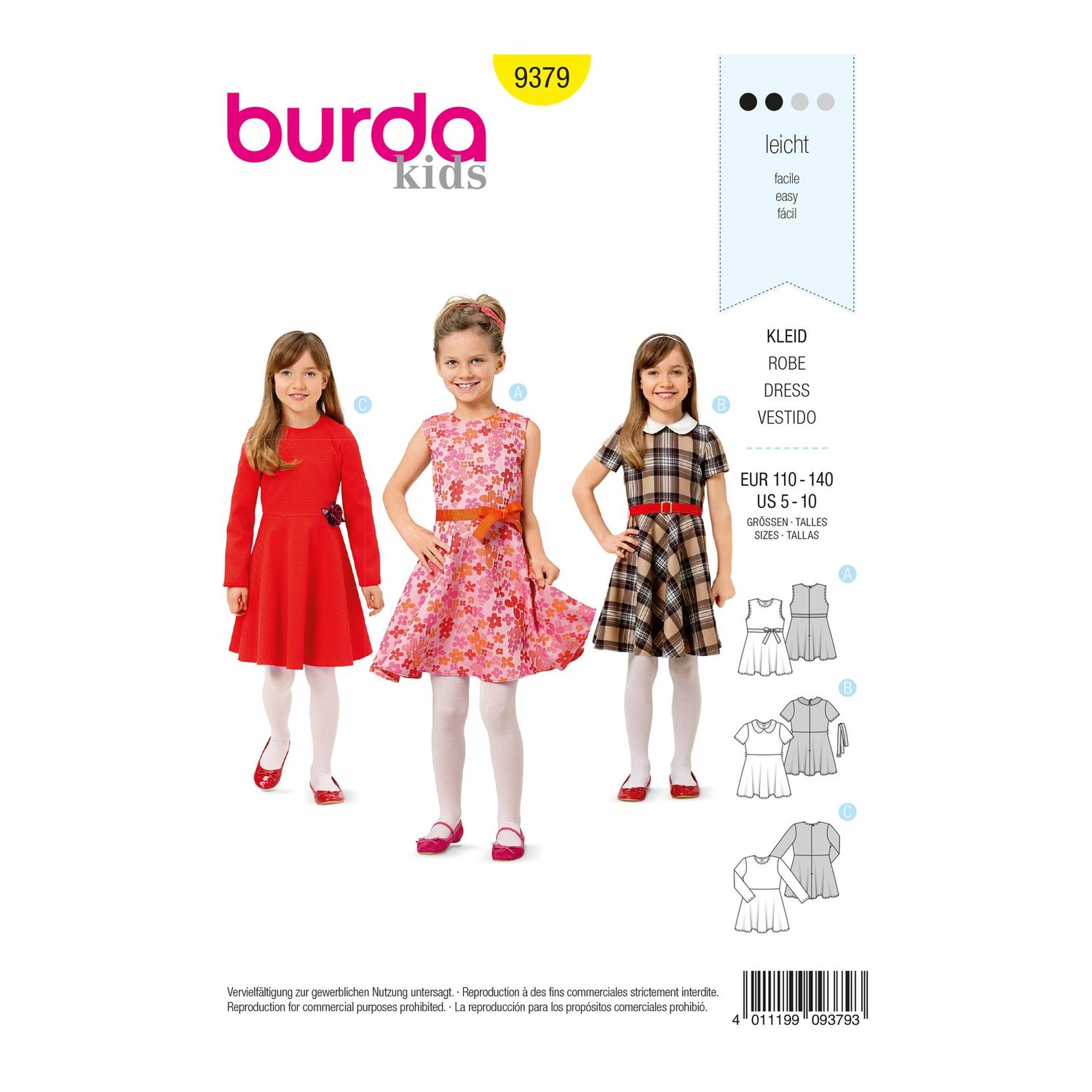 burda style Schnittmuster 9379: Mädchenkleid zum Selbernähen, Vorderseite der Schnittmustertüte