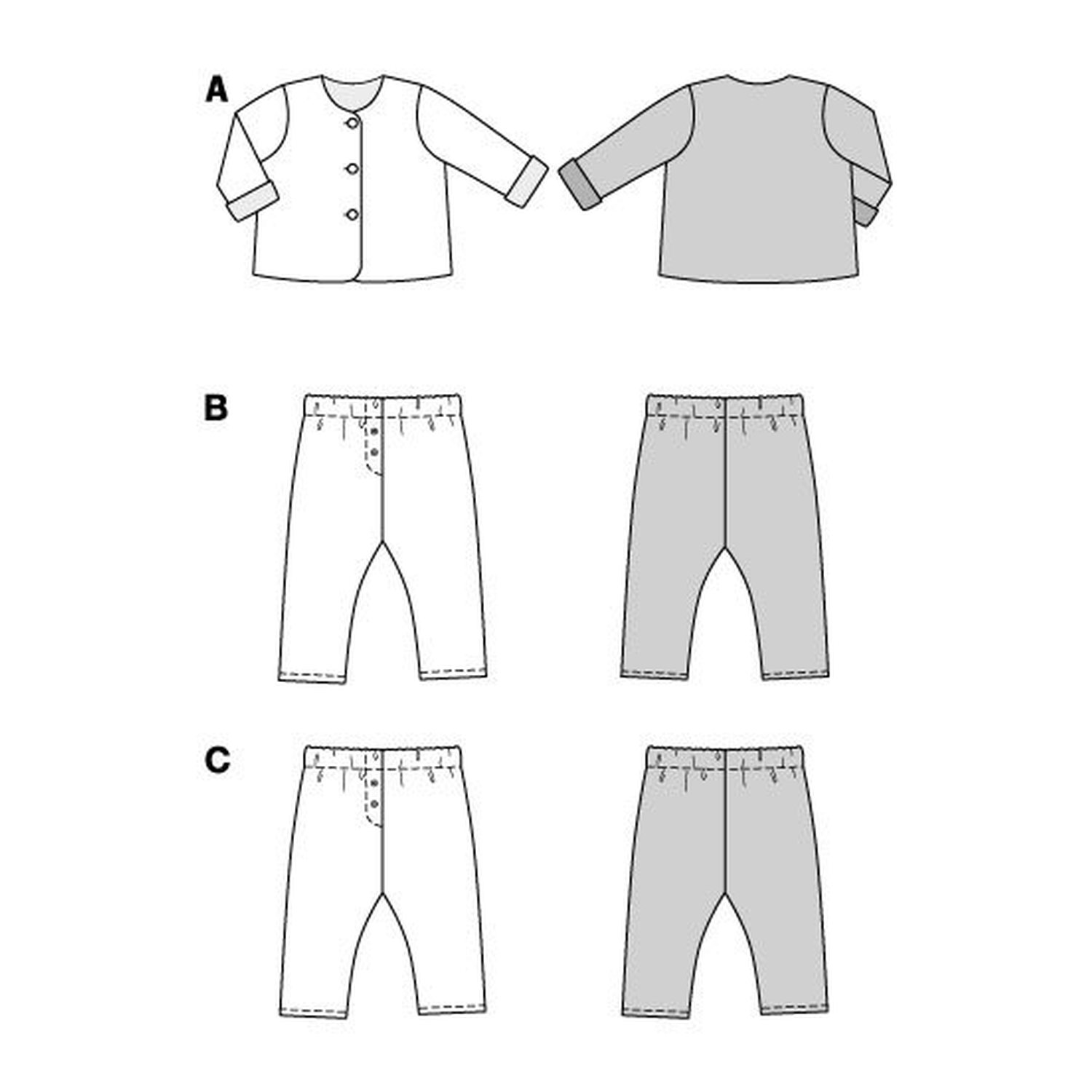 burda style Schnittmuster 9231: Babyjacke und Schlupfhosen, Technische Zeichnung