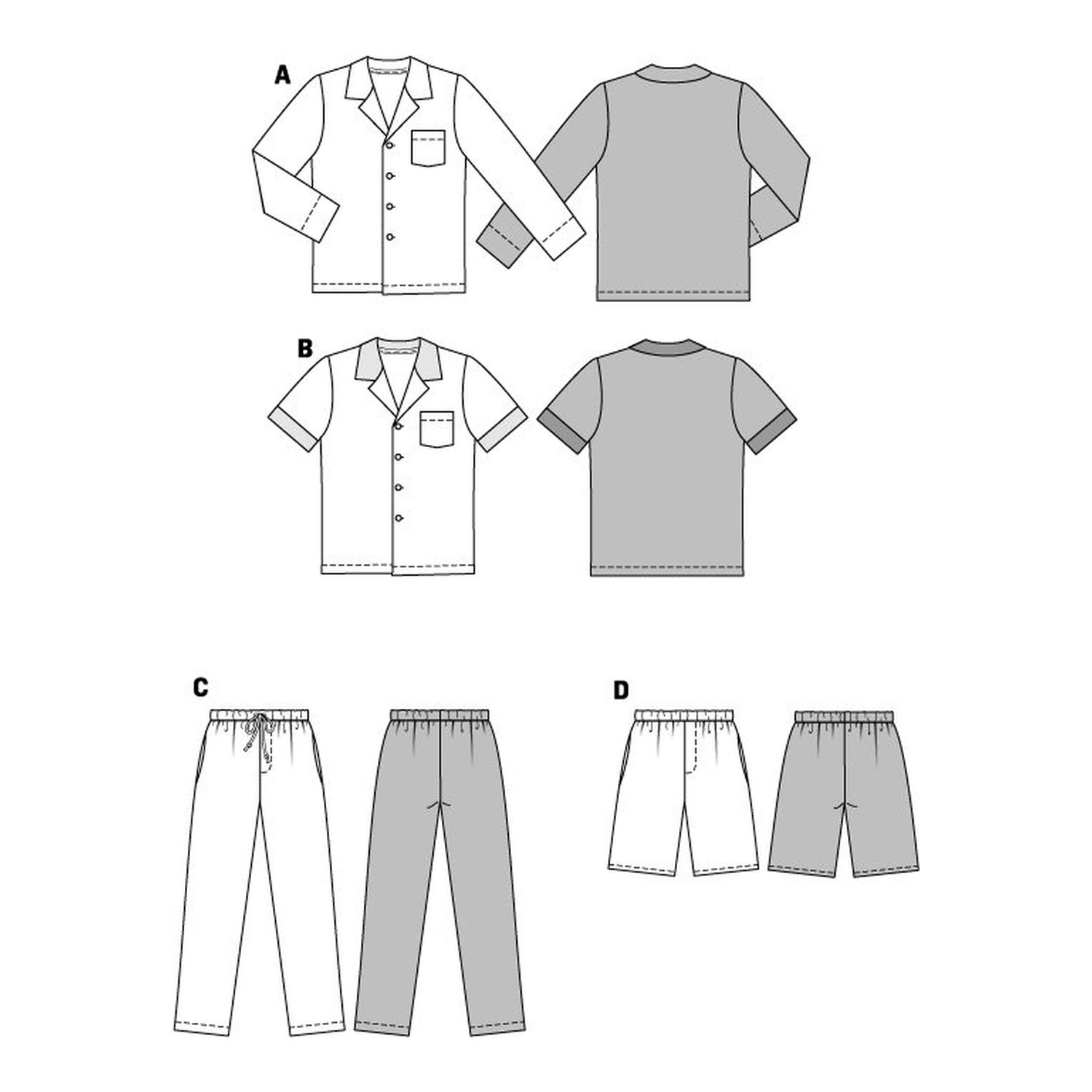 burda style Schnittmuster 6741: Klassischer Herrenpyjama, Technische Zeichnung