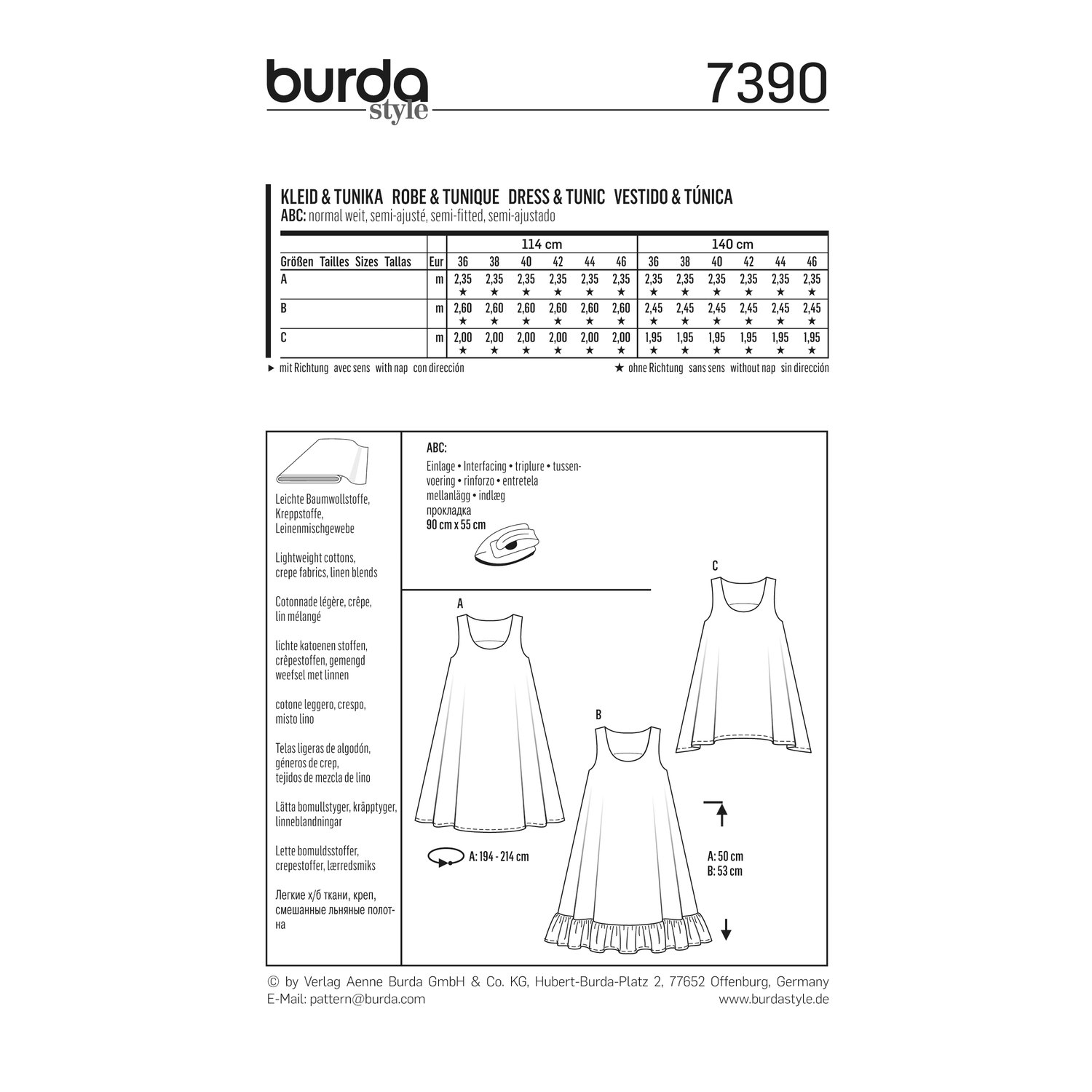burda style Schnittmuster 7390: Kleid und Tunika, Rückseite der Schnittmustertüte mit Stoffverbrauch