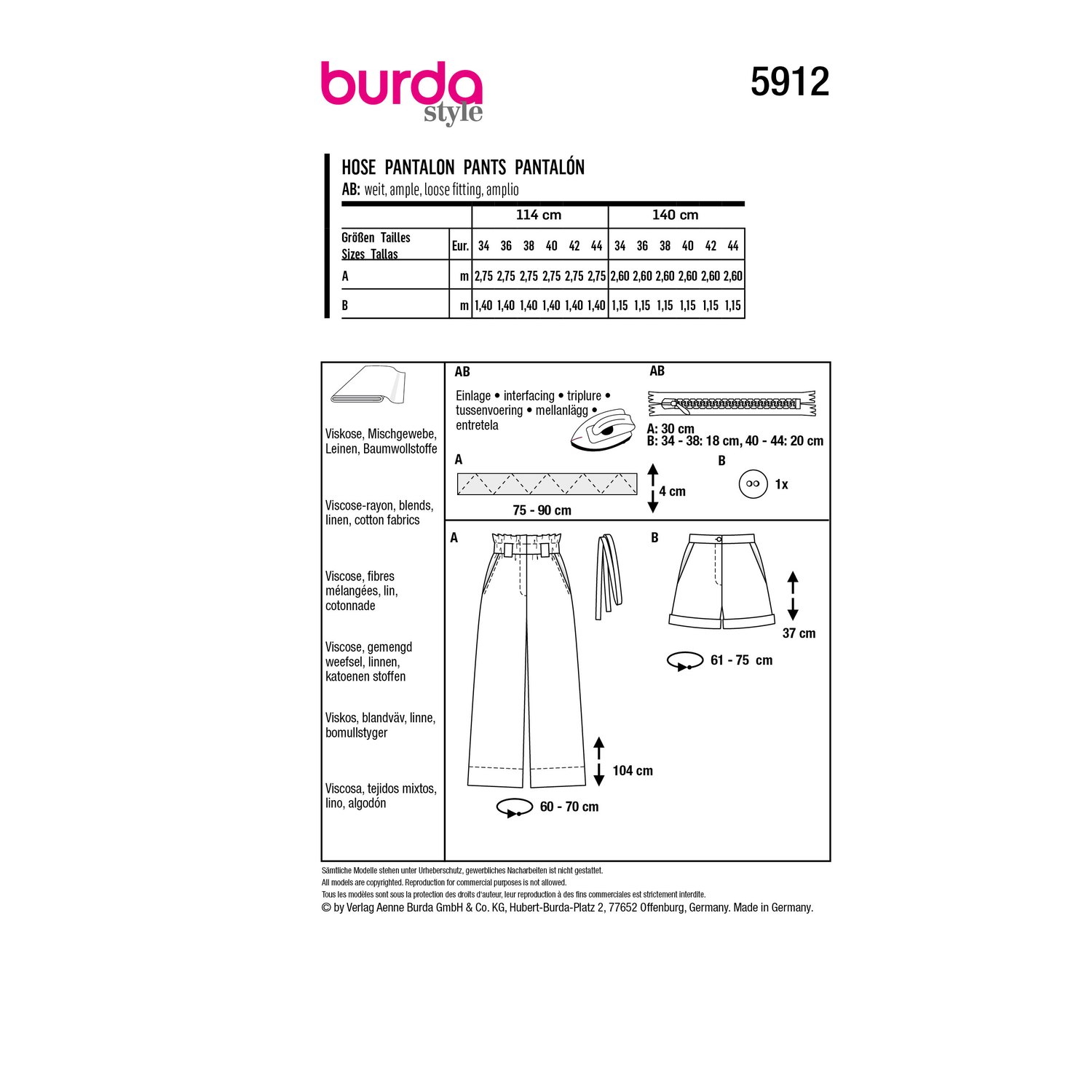 burda style Schnittmuster 5912: Paperbag-Hose und Shorts, Rückseite der Schnittmustertüte mit Stoffverbrauch