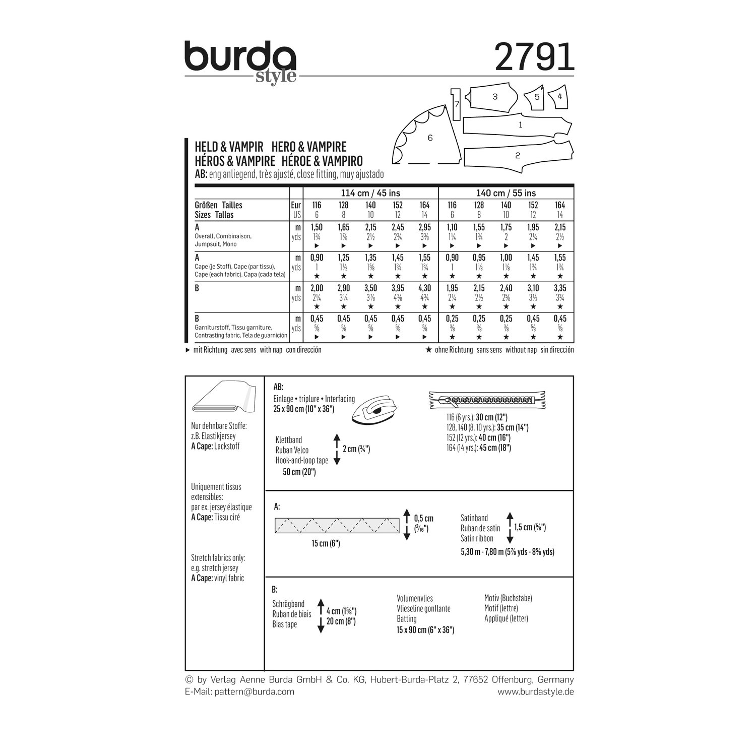 burda style Schnittmuster 2791: Kostüme Vampir und Bat-Boy, Rückseite der Schnittmustertüte mit Stoffverbrauch