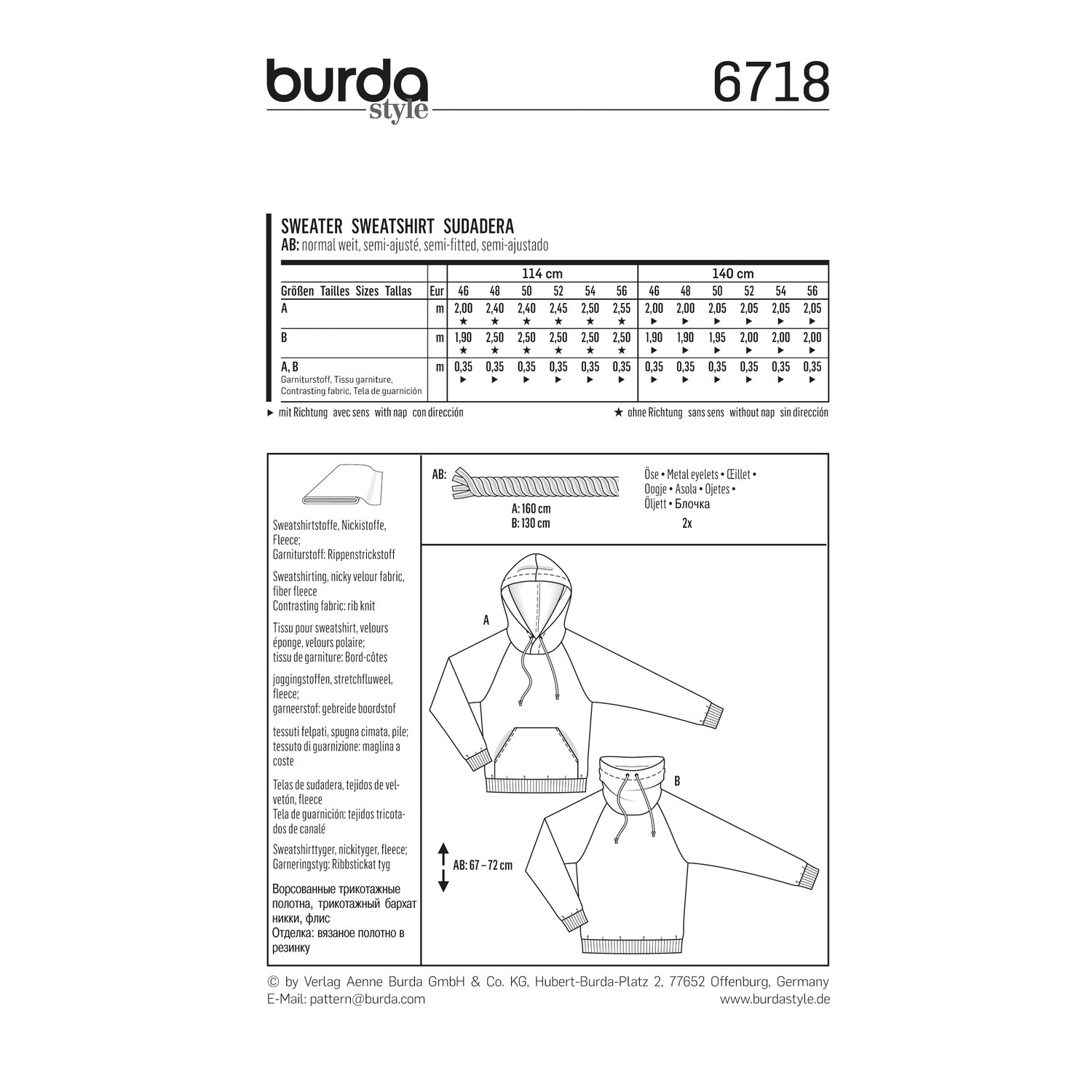 burda style Schnittmuster 6718: Lässiger Herren-Sweater, Rückseite der Schnittmustertüte mit Stoffverbrauch