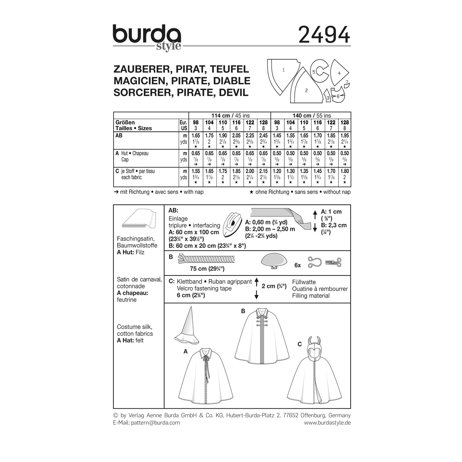 burda style Schnittmuster 2494: Kostüm-Cape für Kinder, Rückseite der Schnittmustertüte mit Stoffverbrauch