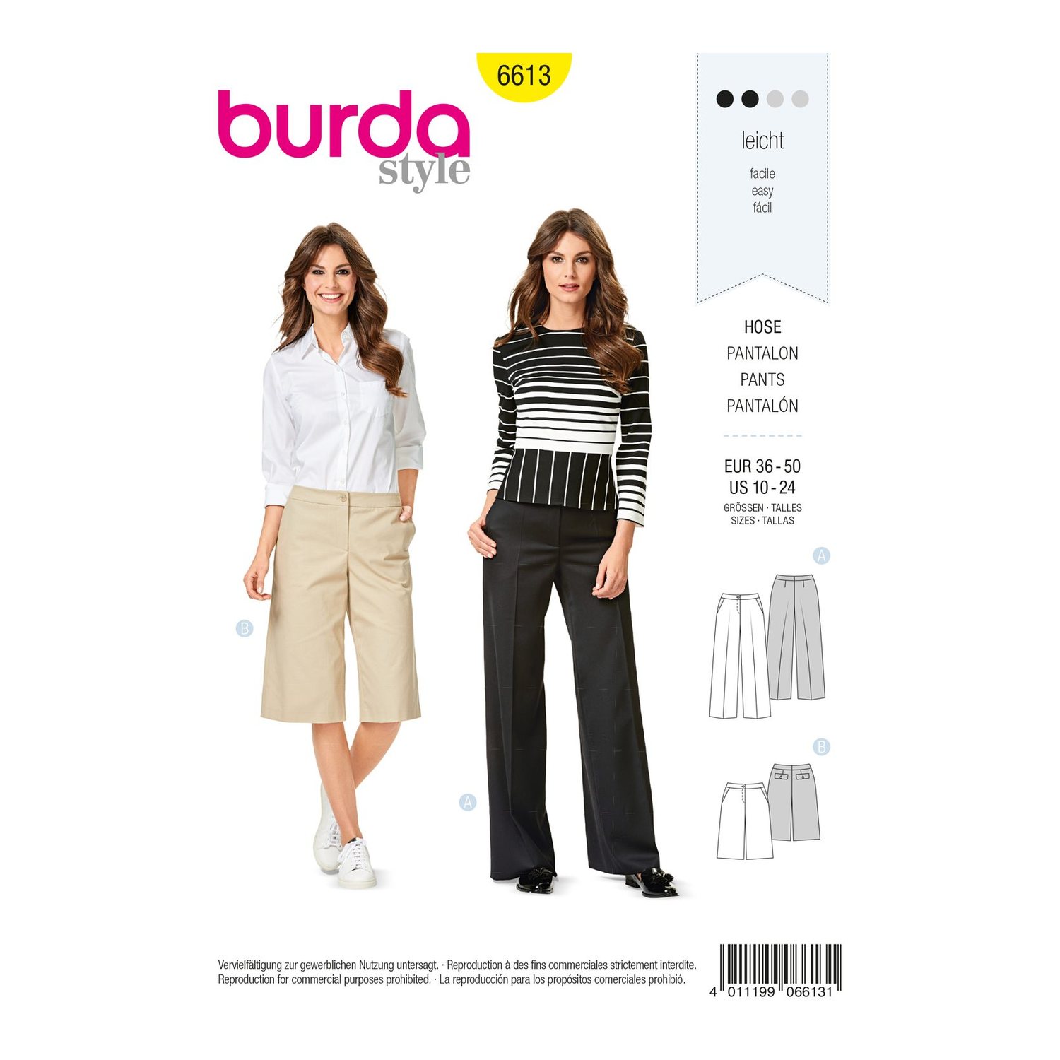 burda style Schnittmuster 6613: Weite Hose mit Formbund, Vorderseite der Schnittmustertüte