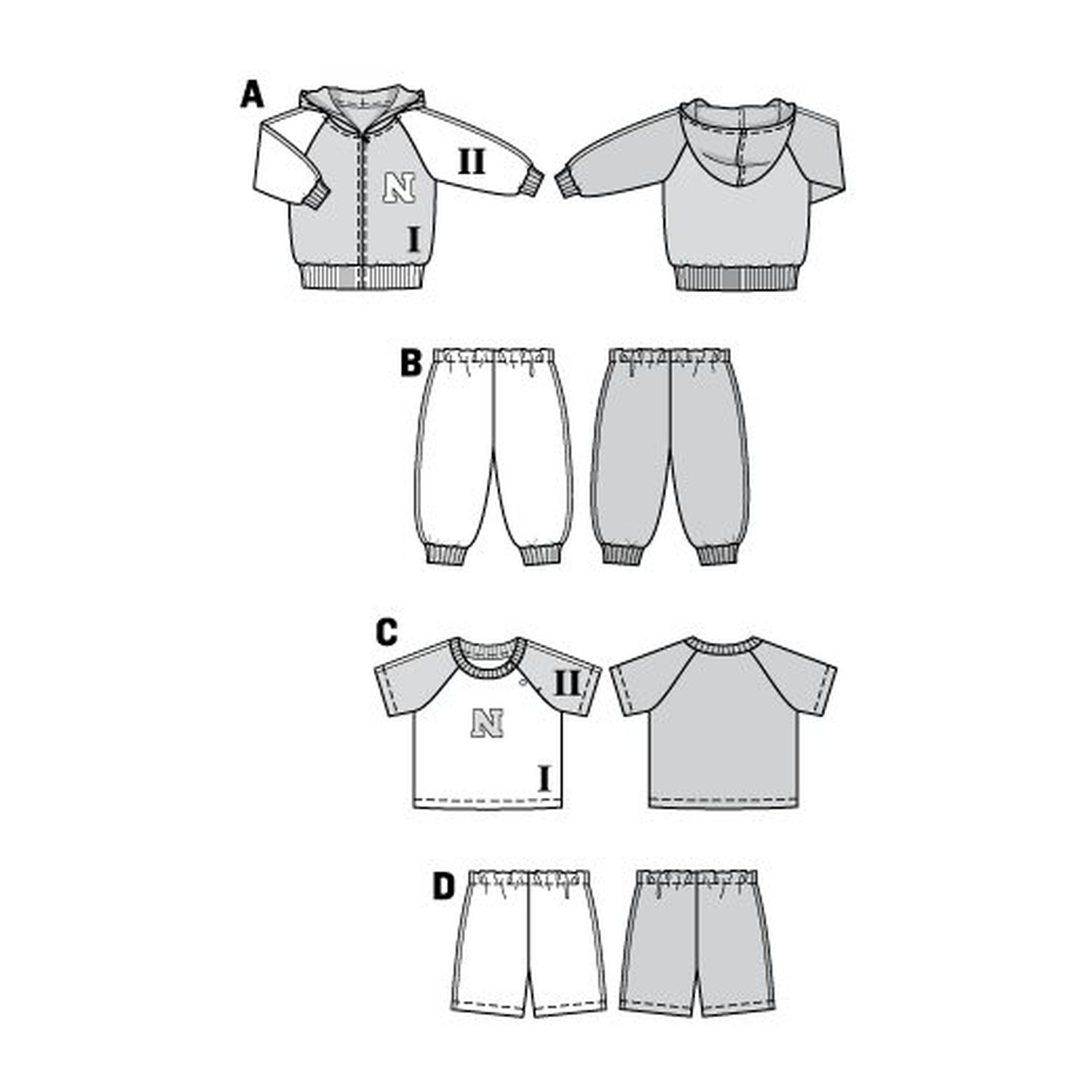 burda style Schnittmuster 9748: Kapuzenjacke, Shirt und Hosen, Technische Zeichnung