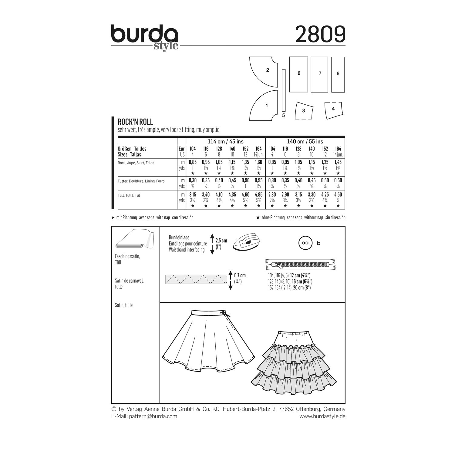 burda style Schnittmuster 2809: Tellerrock mit Petticoat für Kinder, Rückseite der Schnittmustertüte mit Stoffverbrauch