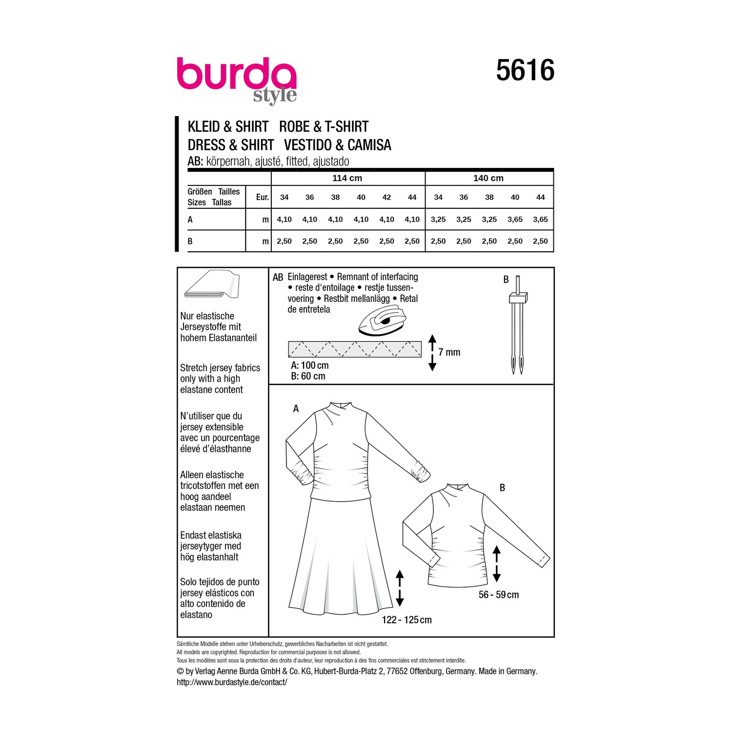 burda style Schnittmuster 5616: Drapiertes Jerseykleid und Shirt, Rückseite der Schnittmustertüte mit Stoffverbrauch