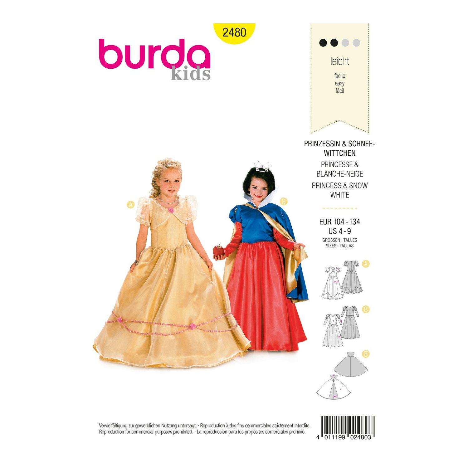 burda style Schnittmuster 2480: Kleider Prinzessin und Schneewittchen, Vorderseite der Schnittmustertüte