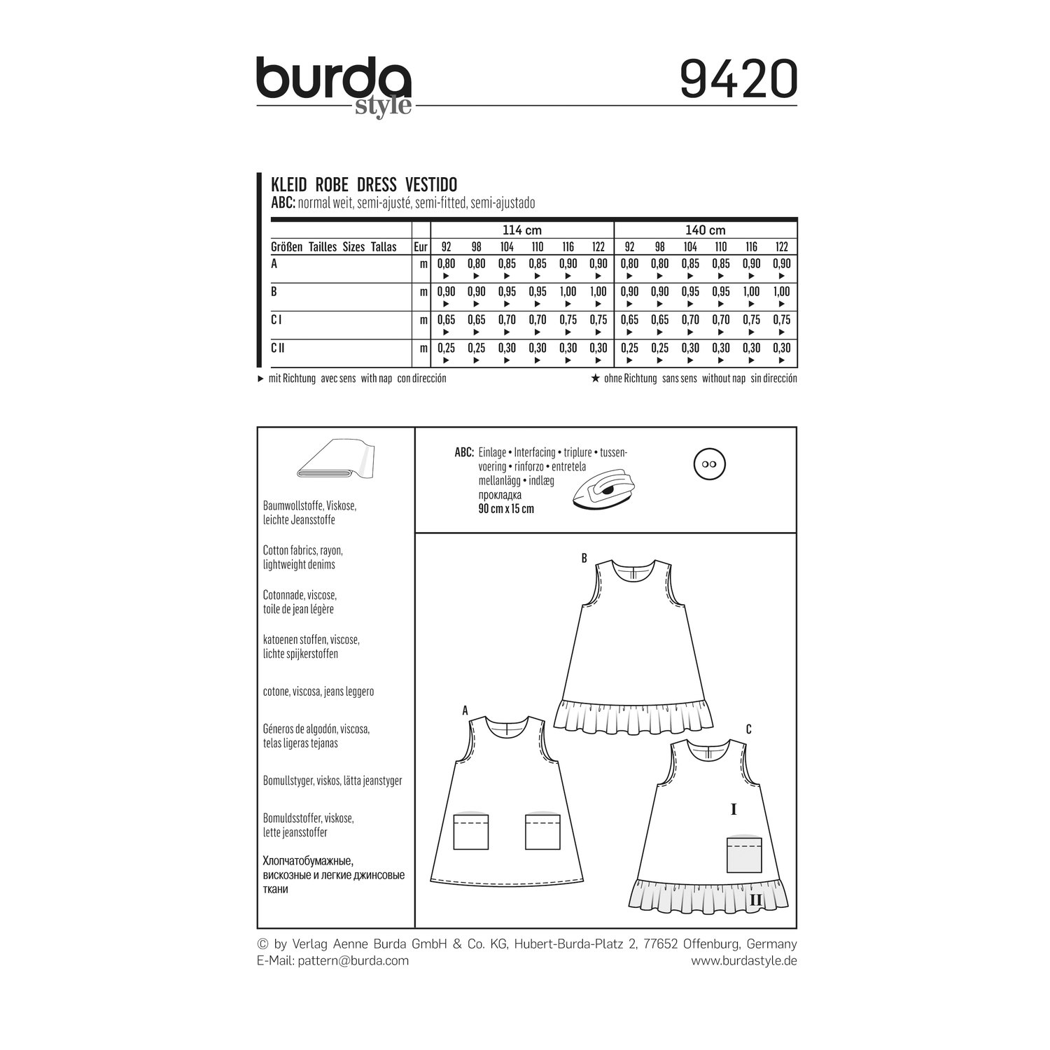 burda style Schnittmuster 9420: Hängerkleid für den Sommer, Rückseite der Schnittmustertüte mit Stoffverbrauch