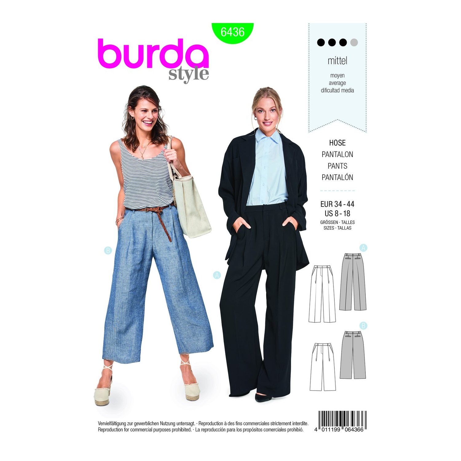 burda style Schnittmuster 6436: Weite Bundfaltenhose, Vorderseite der Schnittmustertüte