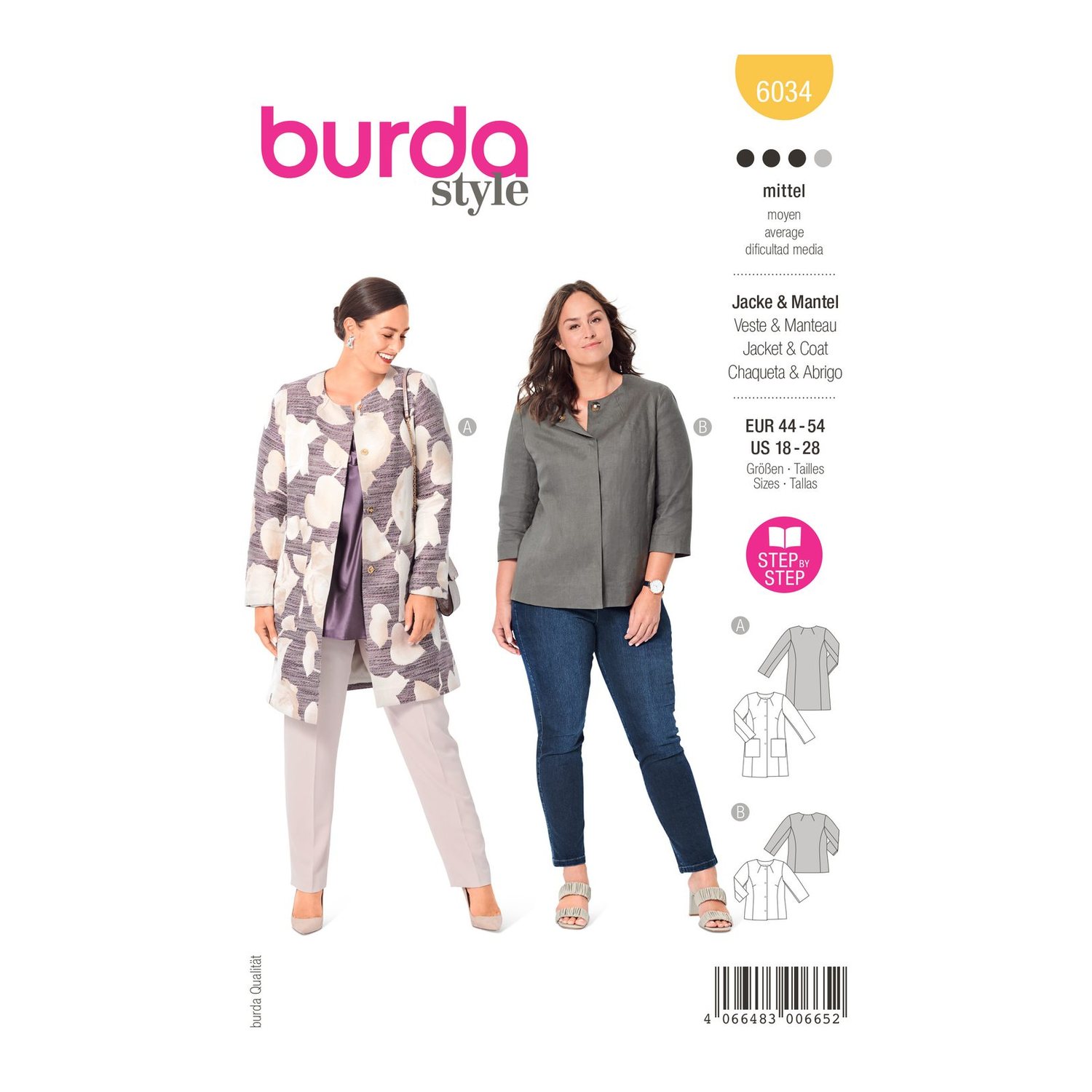 burda style Schnittmuster 6034: Kragenloser Mantel und Jacke, Modellfoto 1