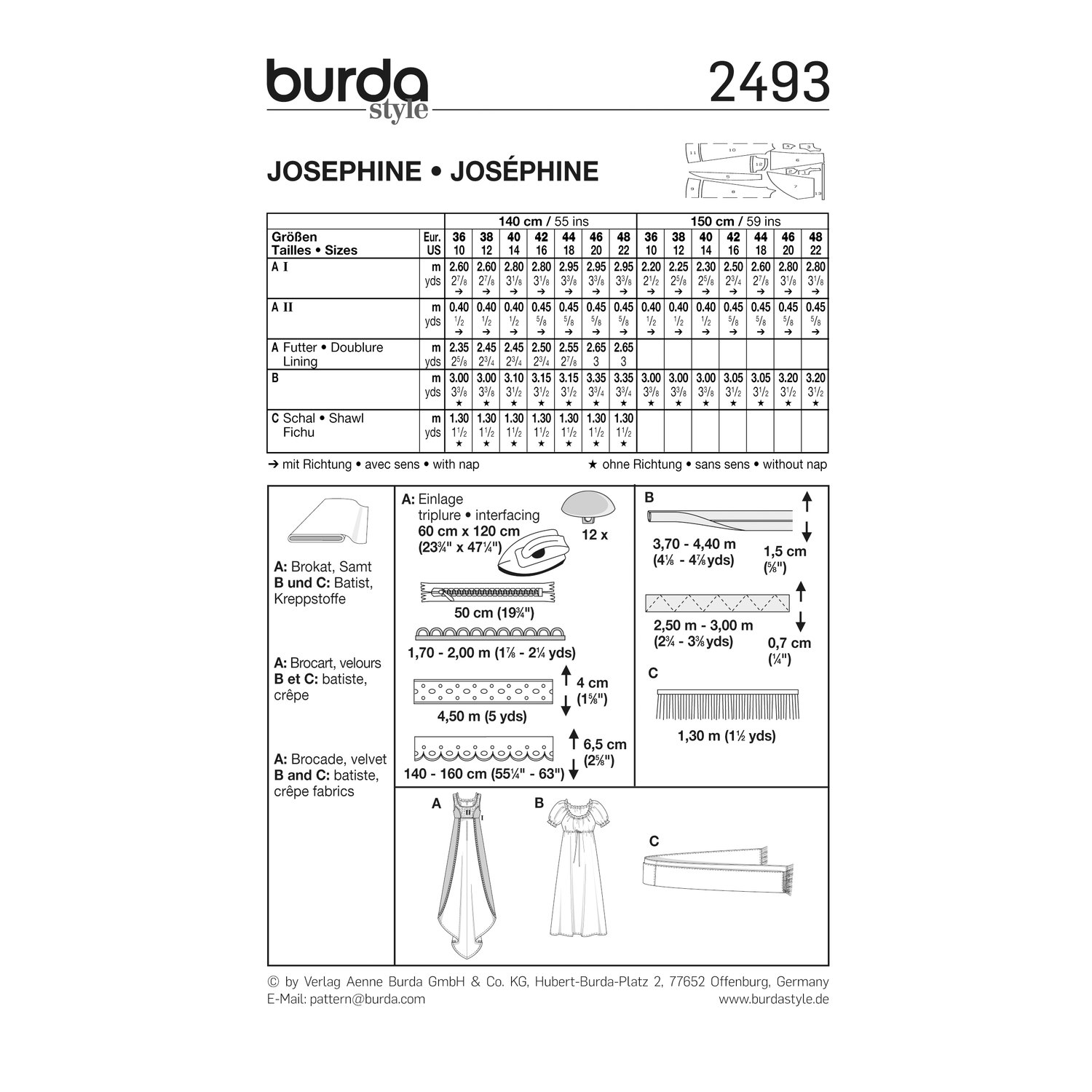 burda style Schnittmuster 2493: Empire-Kleid Josephine, Rückseite der Schnittmustertüte mit Stoffverbrauch