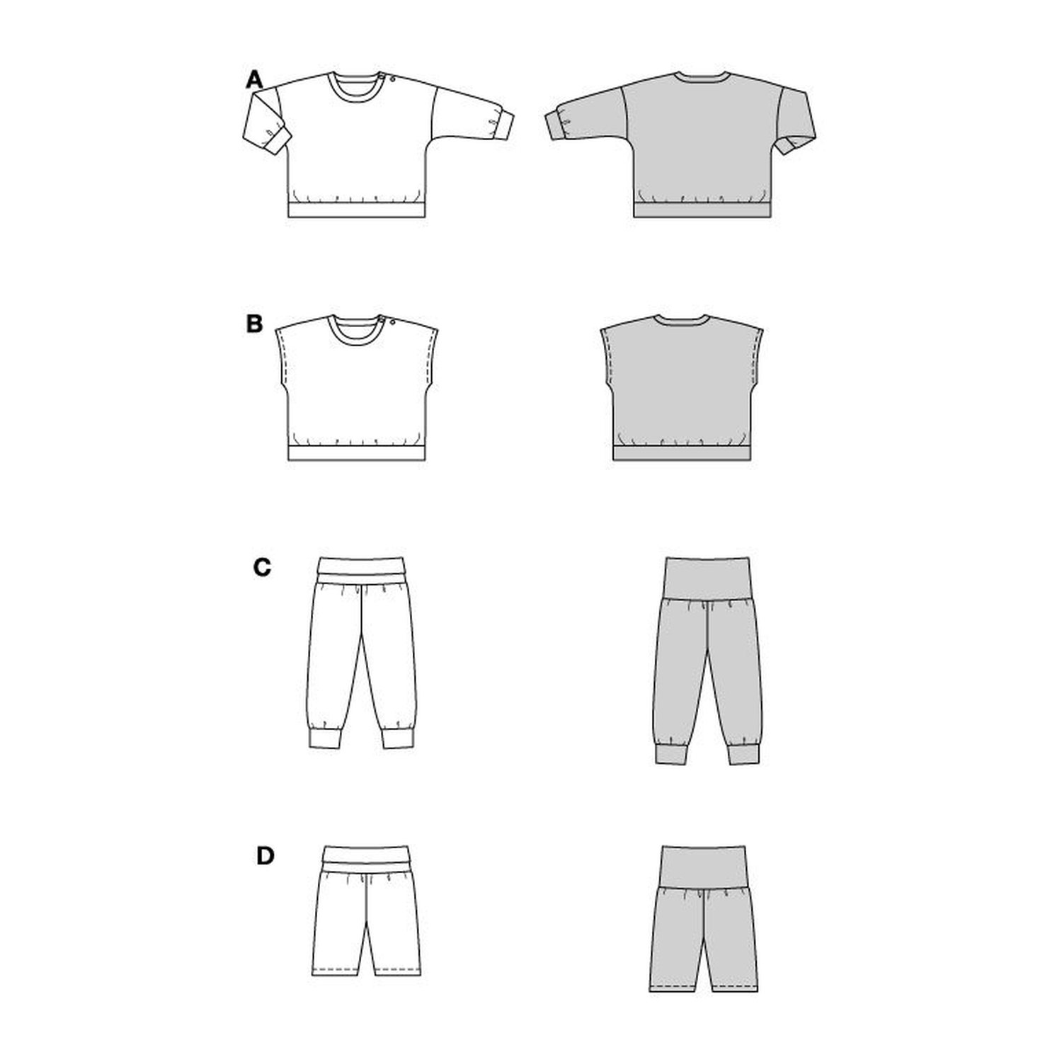 burda style Schnittmuster 9186: Babysweatshirts und Jerseyhosen, Technische Zeichnung