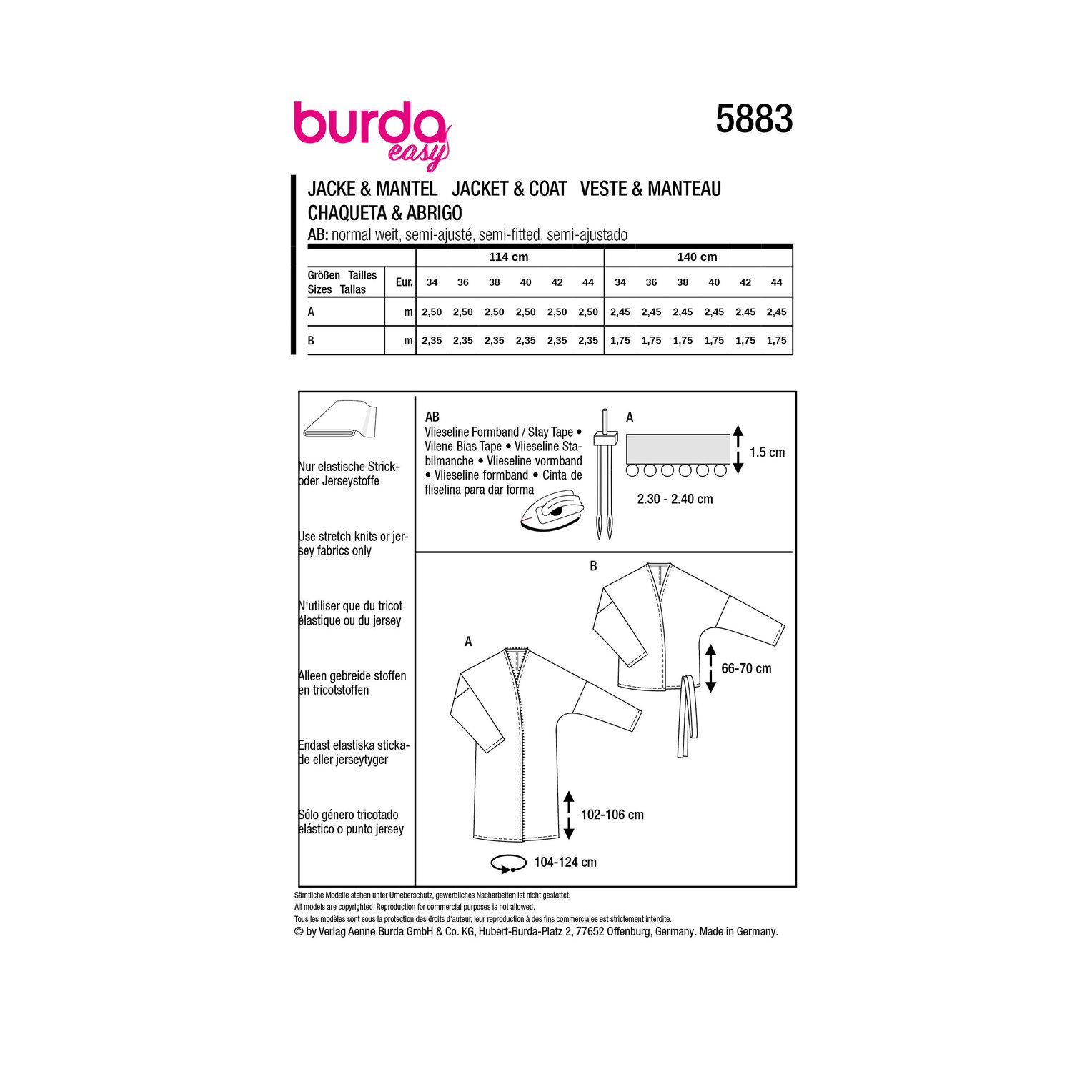 burda style Schnittmuster 5883: Strickmantel und Cardigan, Rückseite der Schnittmustertüte mit Stoffverbrauch