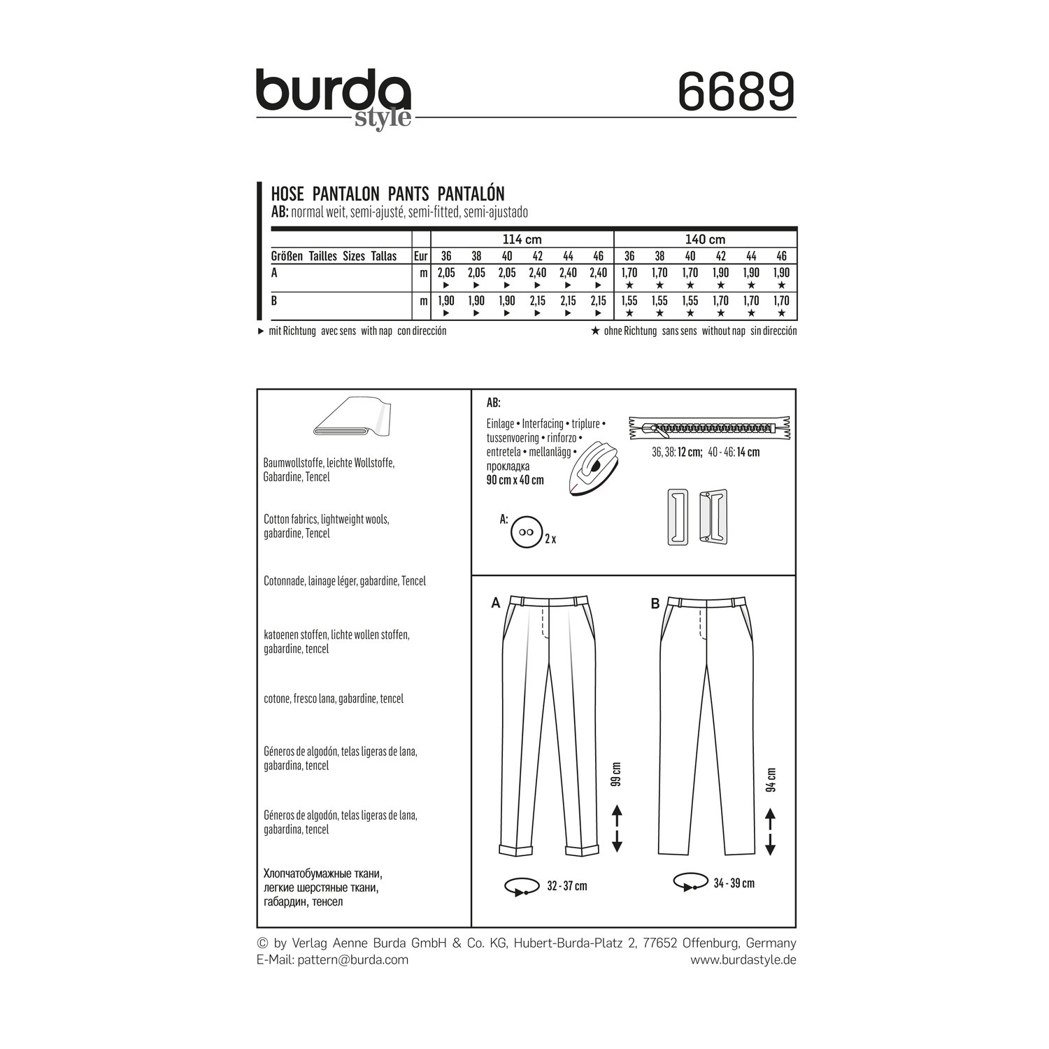 burda style Schnittmuster 6689: Schmale Hose mit Formbund, Rückseite der Schnittmustertüte mit Stoffverbrauch