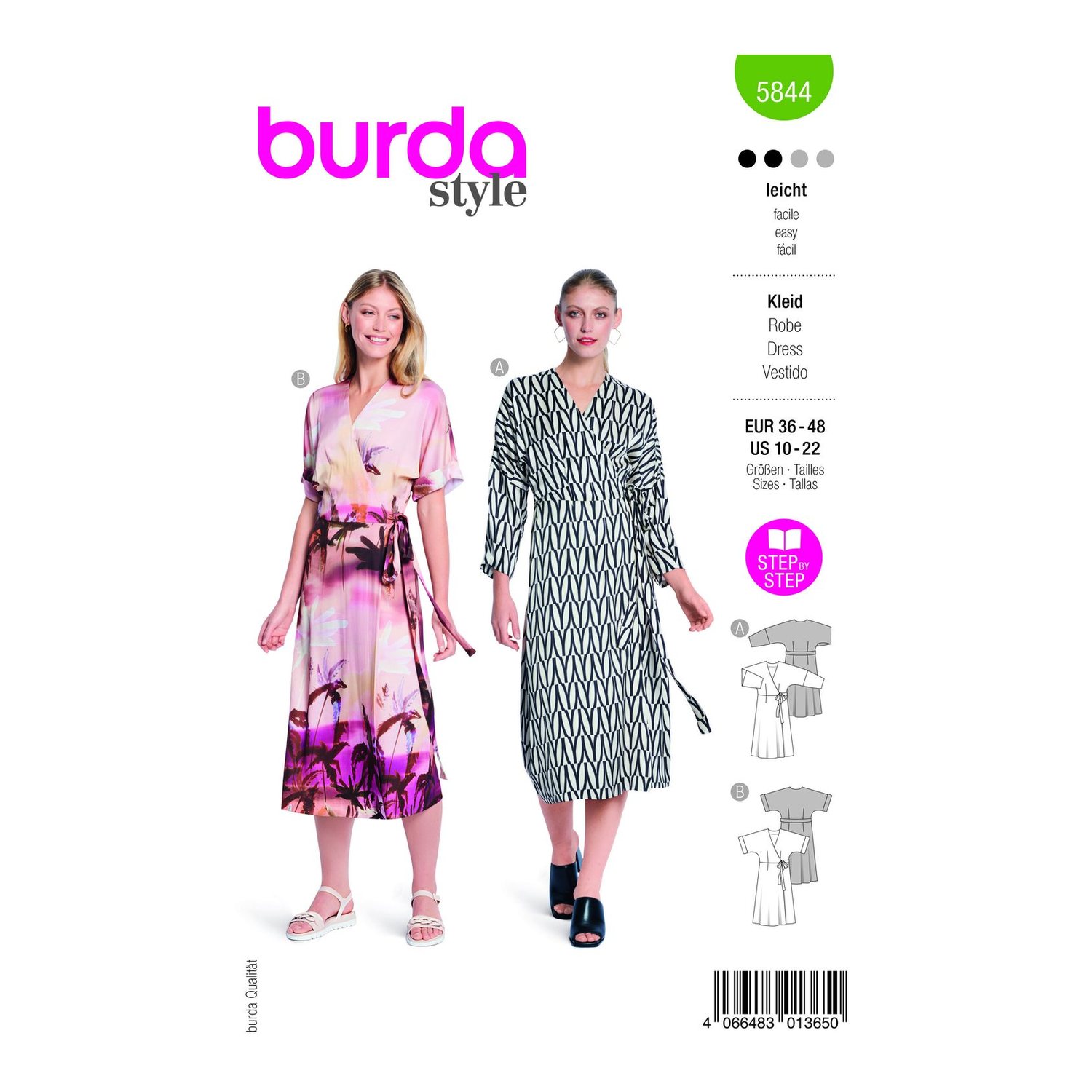 burda style Schnittmuster 5844: Wickelkleider mit angeschnittenen Ärmeln, Modellfoto 1